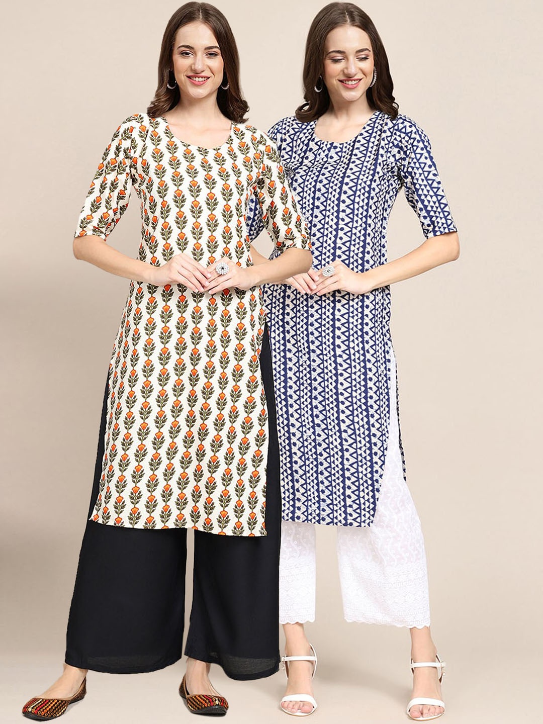 

7Threads Women Pack of 2 Beige & Blue Printed Crepe Kurta