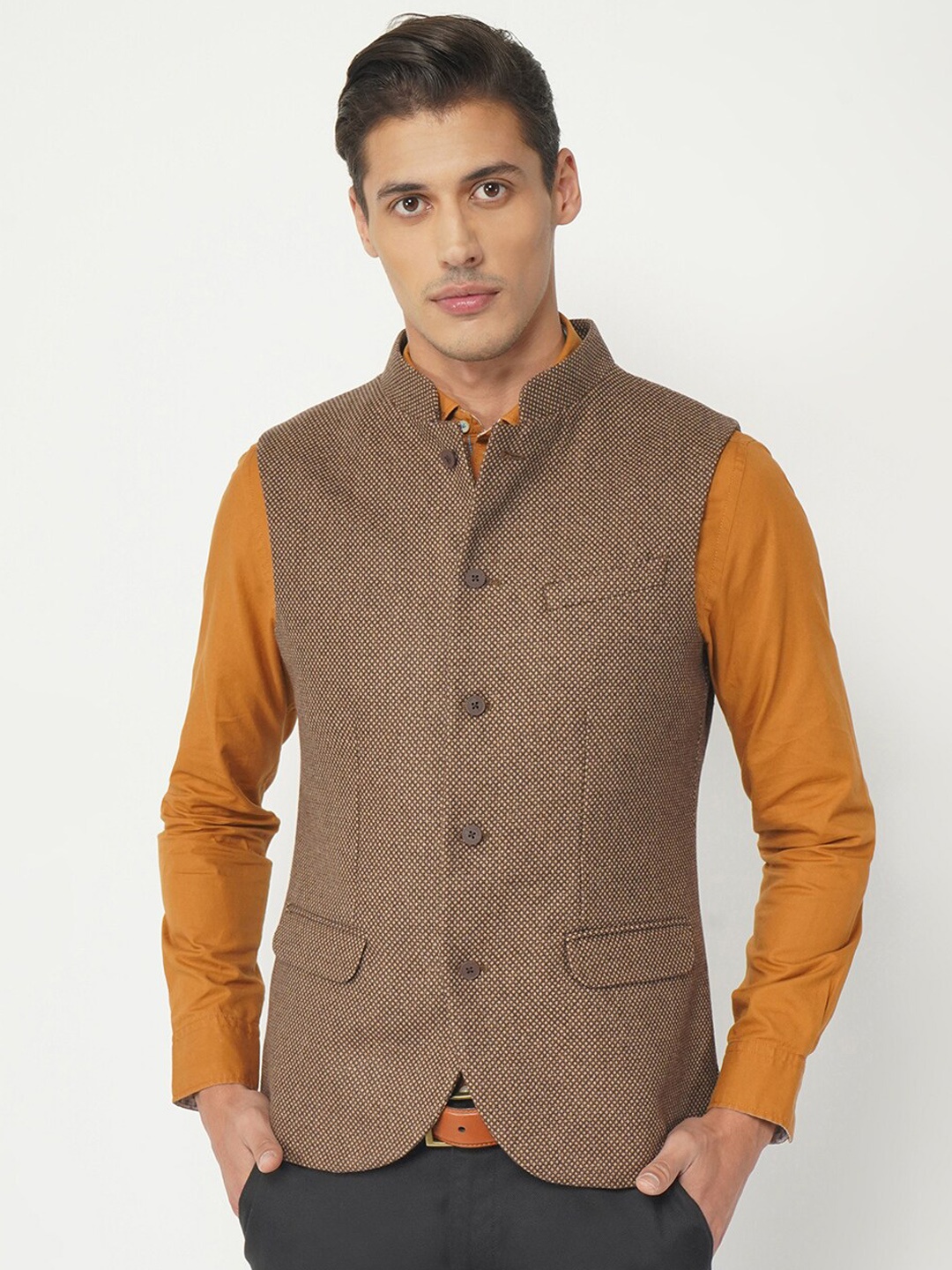 

Blackberrys Men Brown Woven Design Slim-Fit Waistcoat