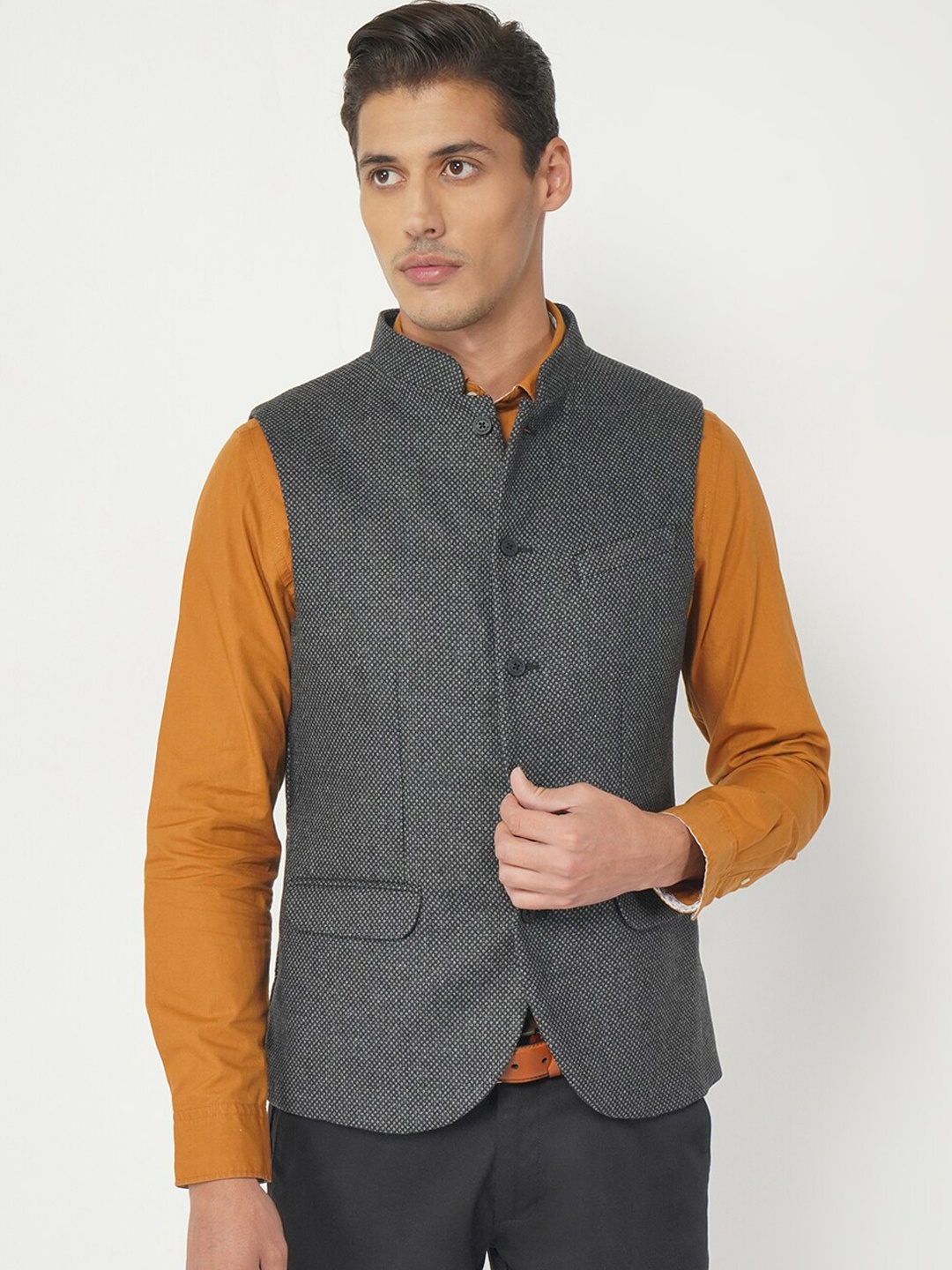 

Blackberrys Men Charcoal-Grey Woven-Design Bandgala Nehru Jacket