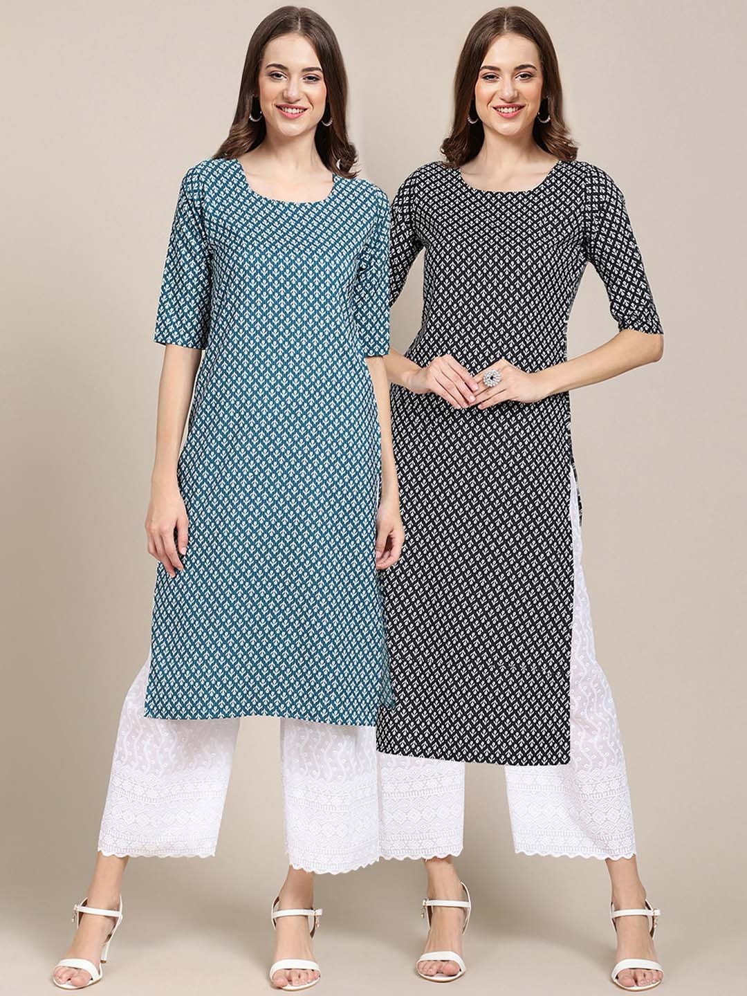 

7Threads Pack Of 2 Women Teal & Black Printed Straight Crepe Kurta