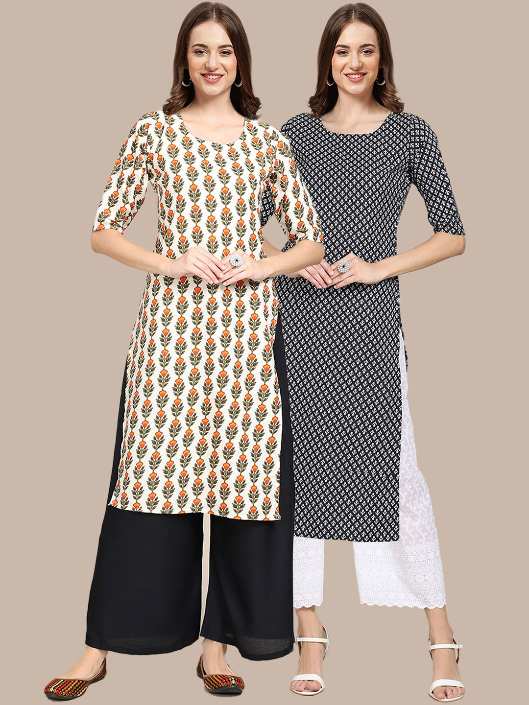 

7Threads Women Pack Of 2 Orange & Blue Printed Straight Crepe Kurta