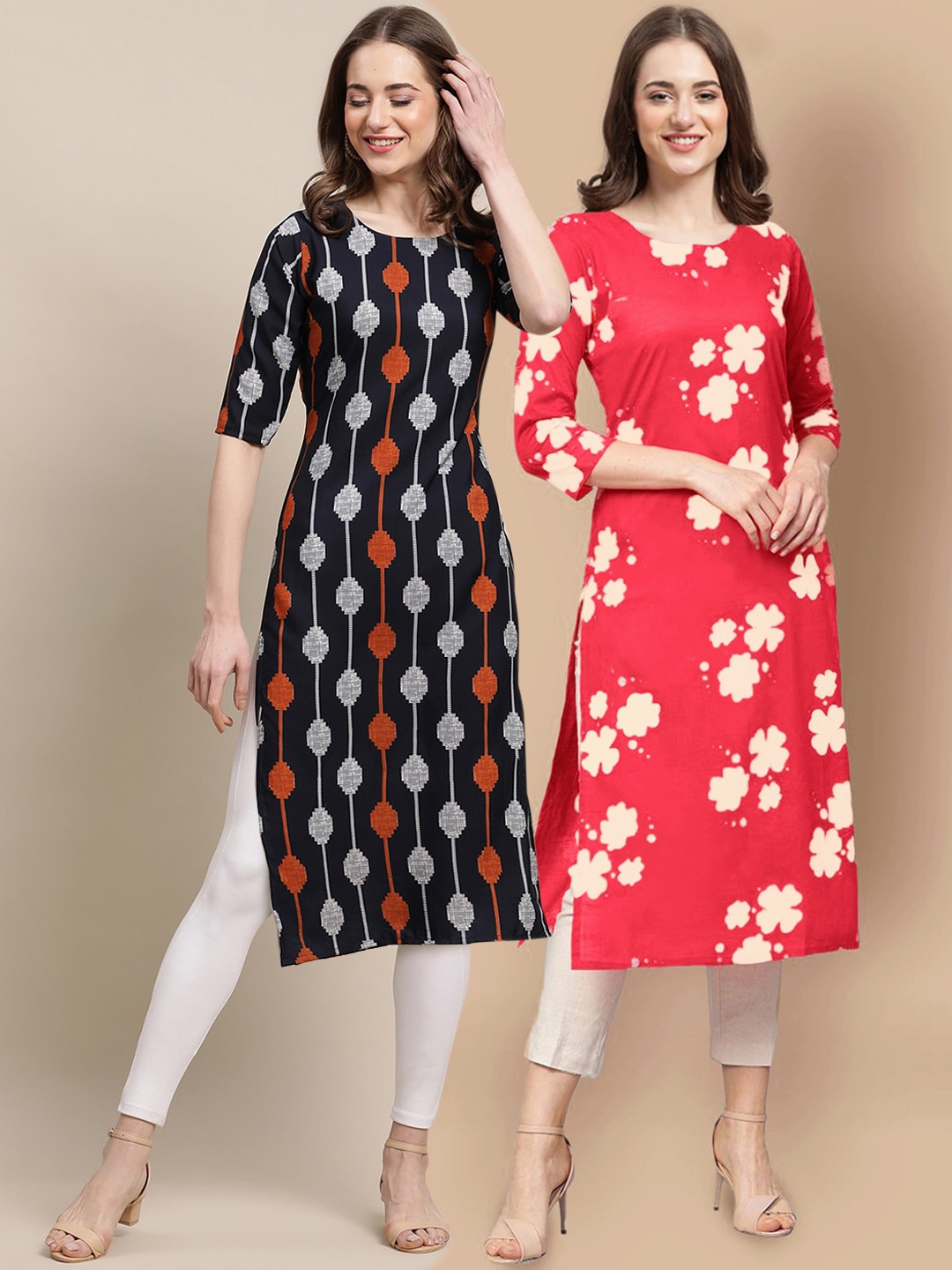 

7Threads Women Pack Of 2 Black & Coral Printed Crepe Straight Kurta