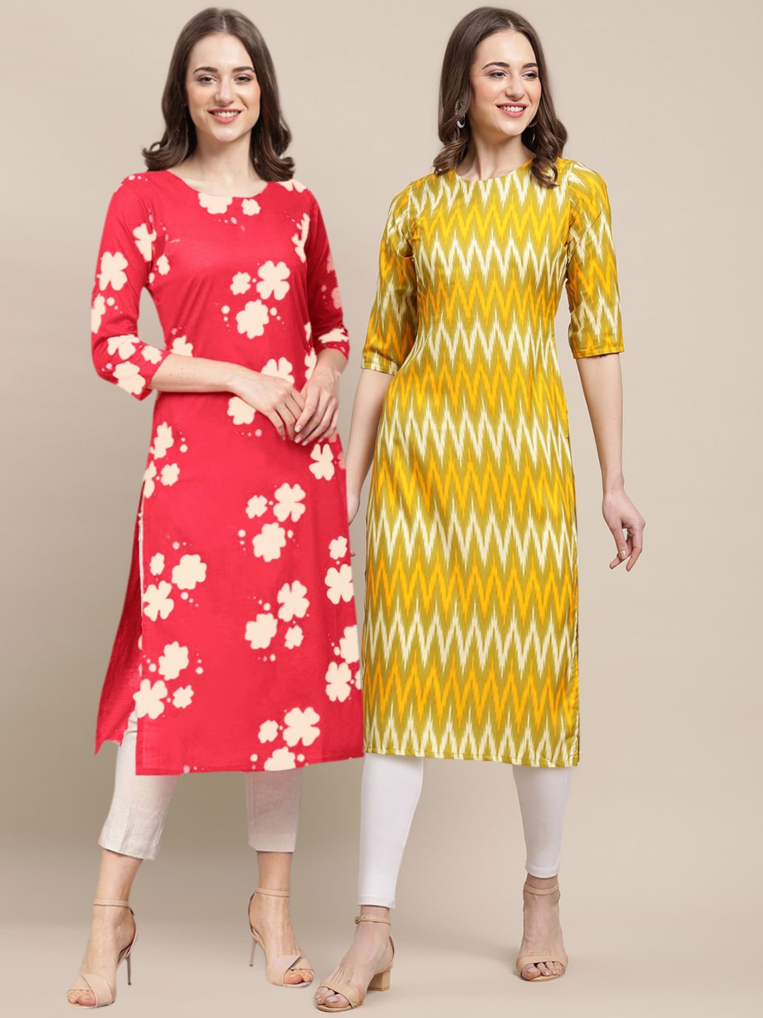 

7Threads Women Pack Of 2 Yellow & Coral Printed Crepe Straight Kurta