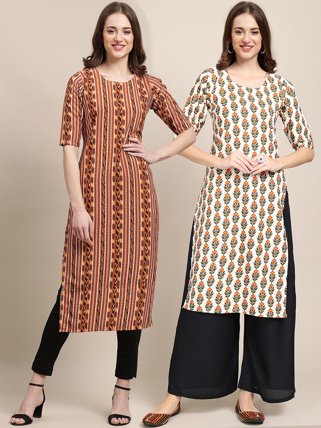 

7Threads Women Pack Of 2 Orange & Brown Printed Straight Crepe Kurta