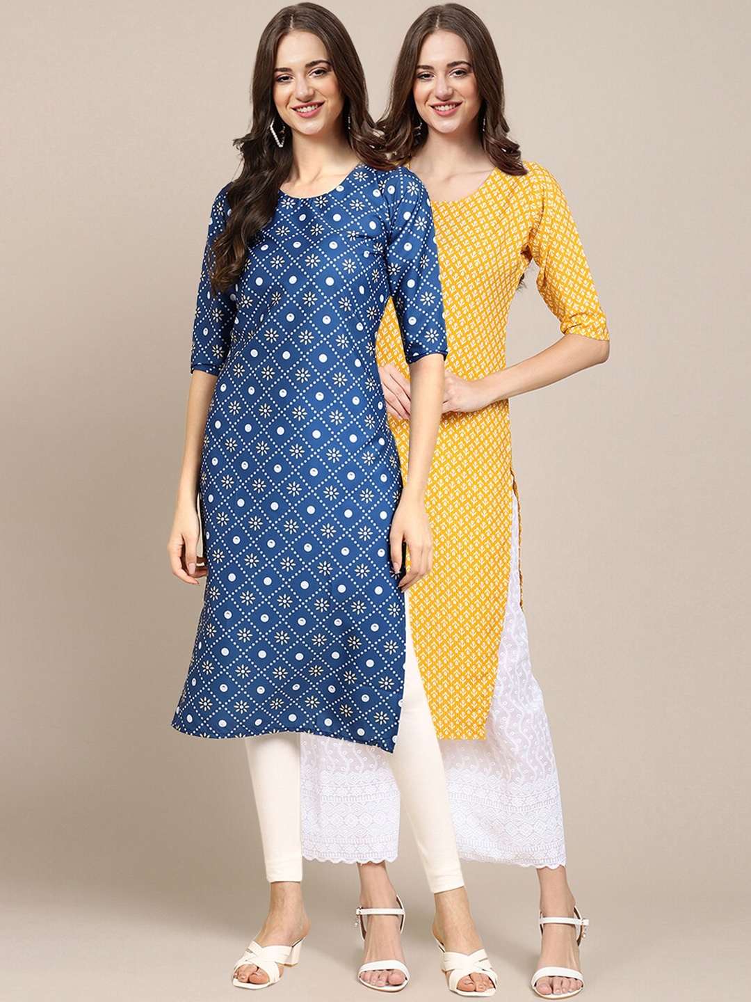 

7Threads Women Pack Of 2 Blue & Yellow Floral Printed Crepe Kurta