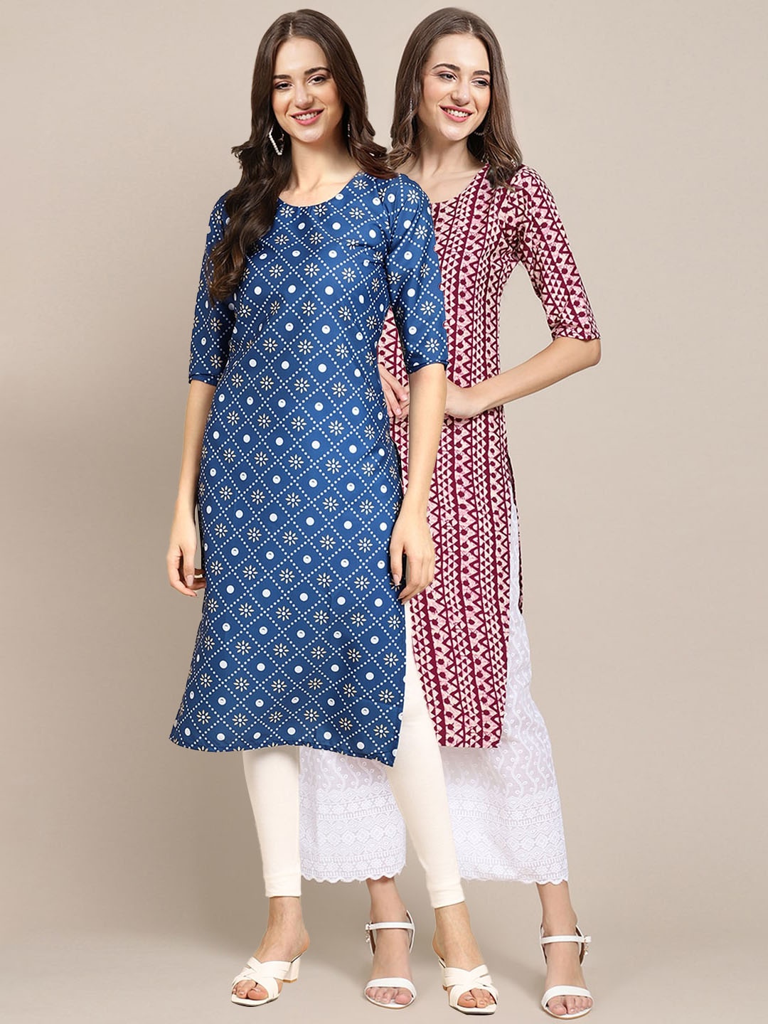 

7Threads Women Set Of 2 Blue & Maroon Printed Crepe Kurta