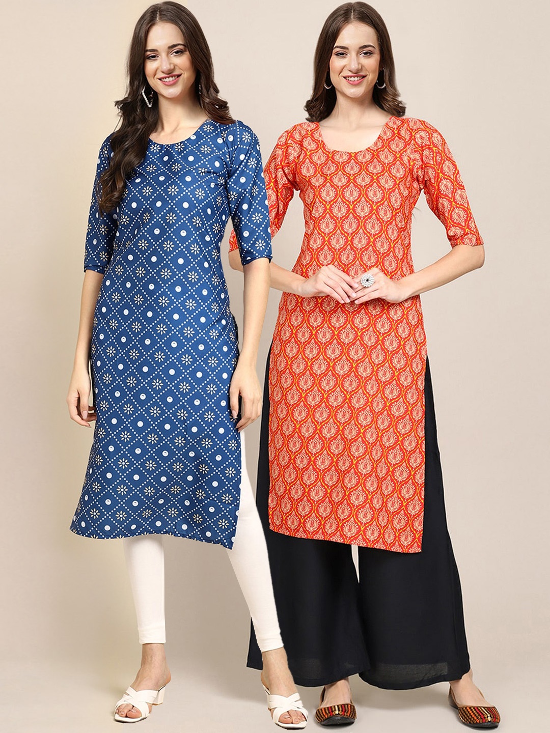 

7Threads Women Set Of 2 Red & Blue Printed Straight Crepe Kurta