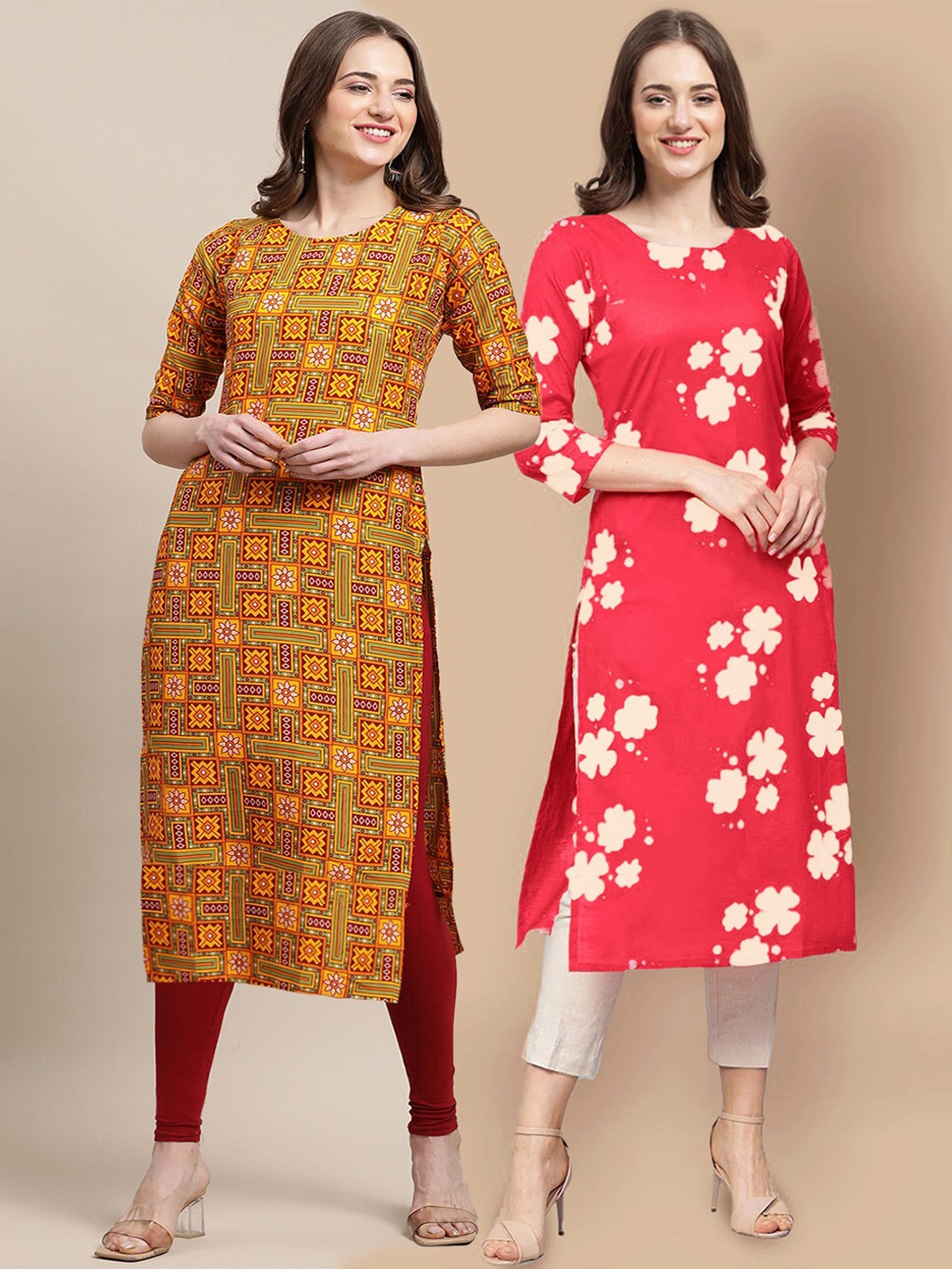 

7Threads Women Mustard Yellow & Red Floral Printed Crepe Kurta
