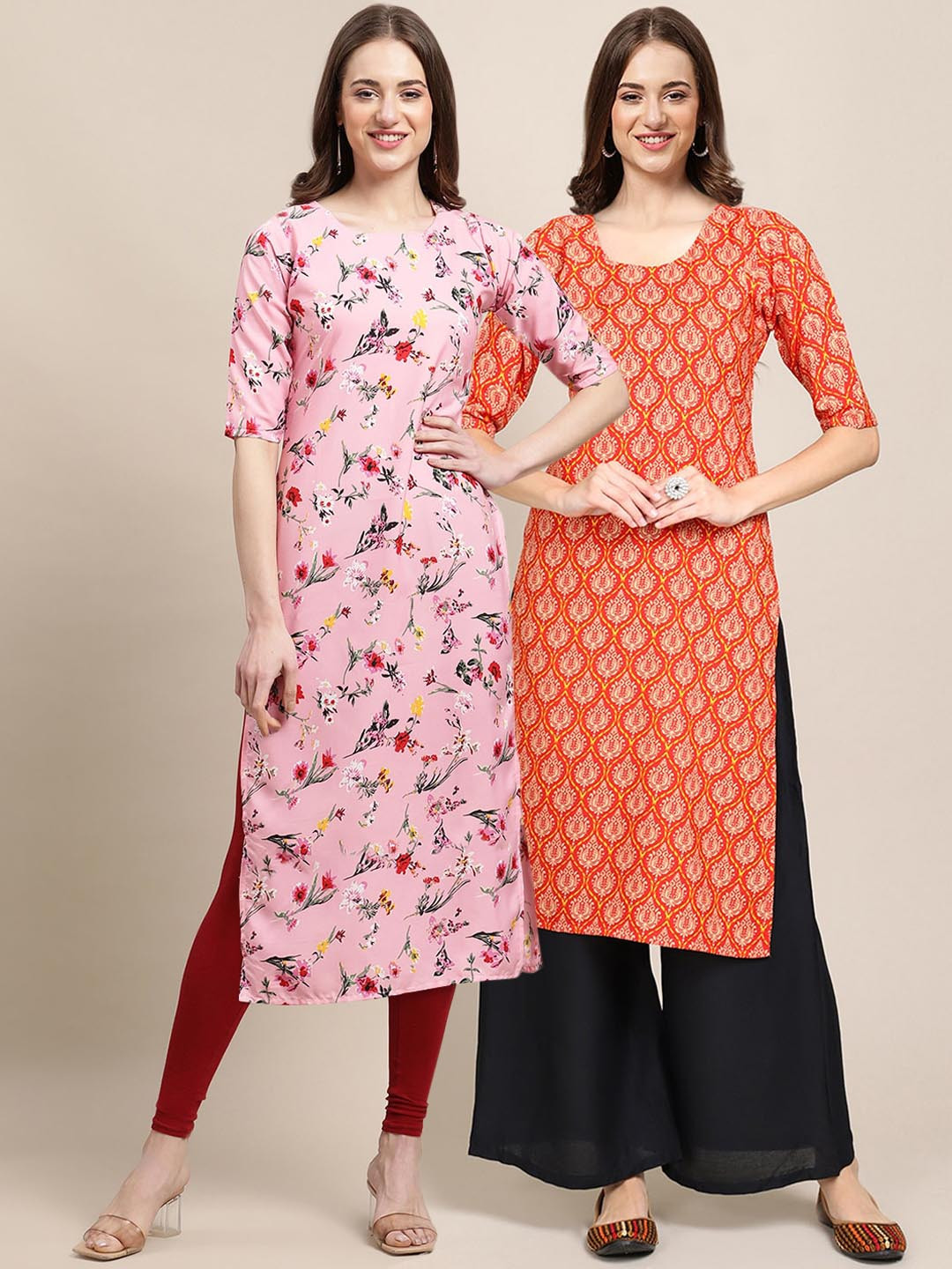

7Threads Women Pink & Orange Pack Of 2 Geometric Printed Crepe Kurta
