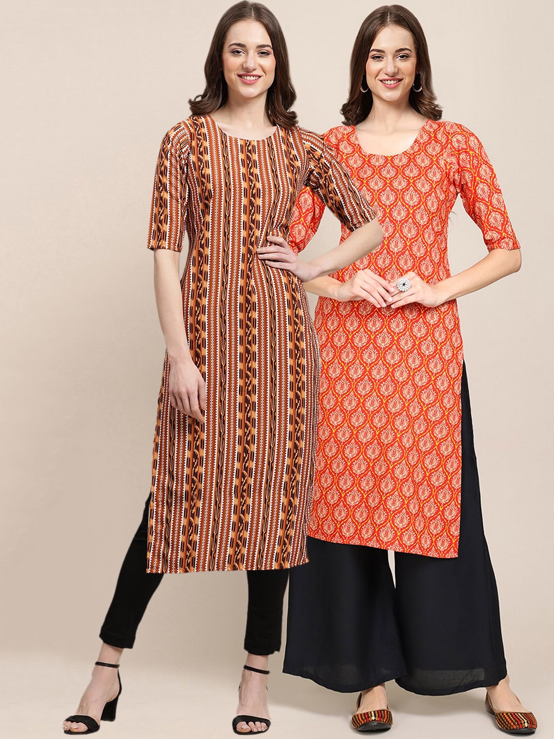 

7Threads Women Pack Of 2 Orange & Brown Ethnic Motifs Printed Block Print Crepe Kurta