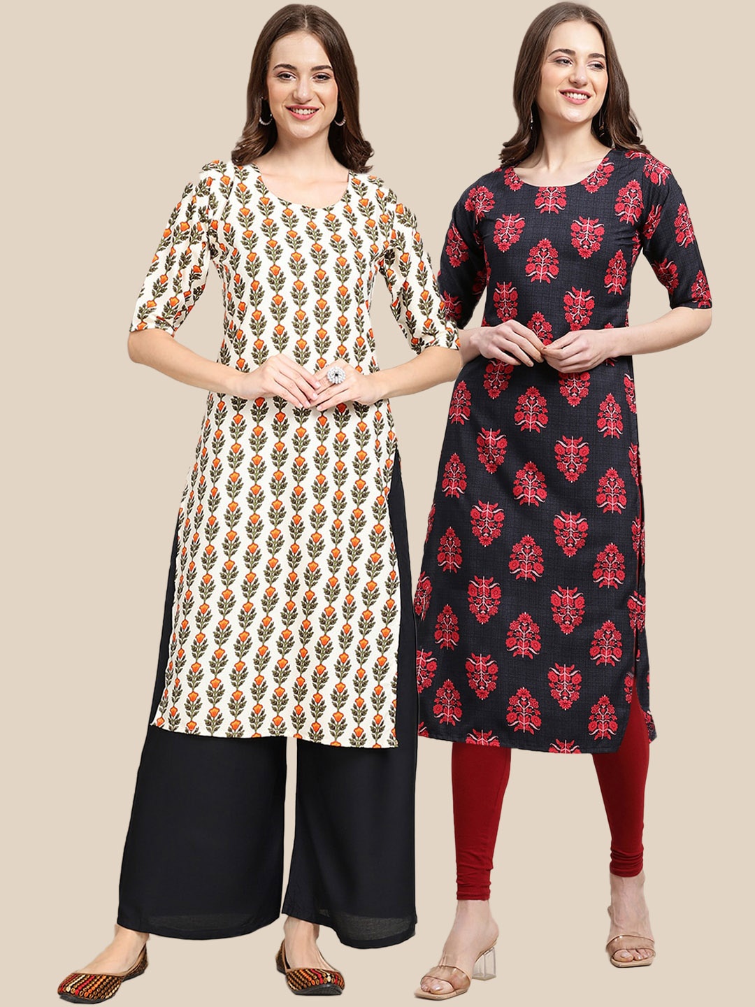 

7Threads Women Pack of 2 Off White & Navy Blue Printed Crepe Kurta