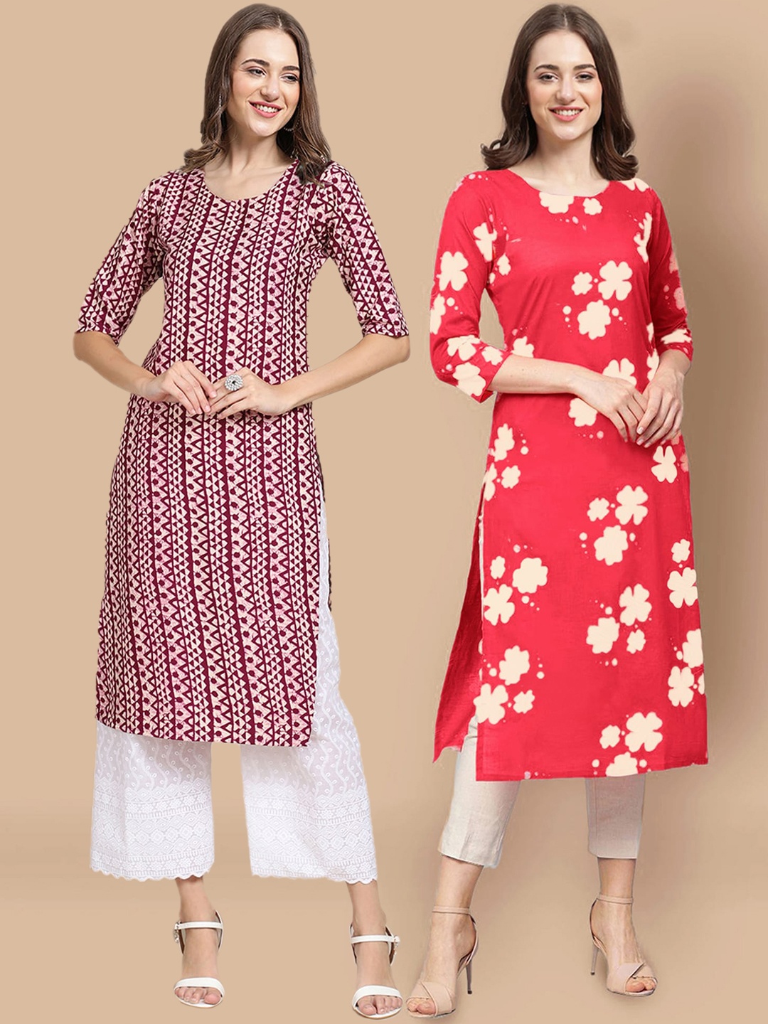 

7Threads Women Pack of 2 Block Print Handloom Crepe Kurta, Magenta