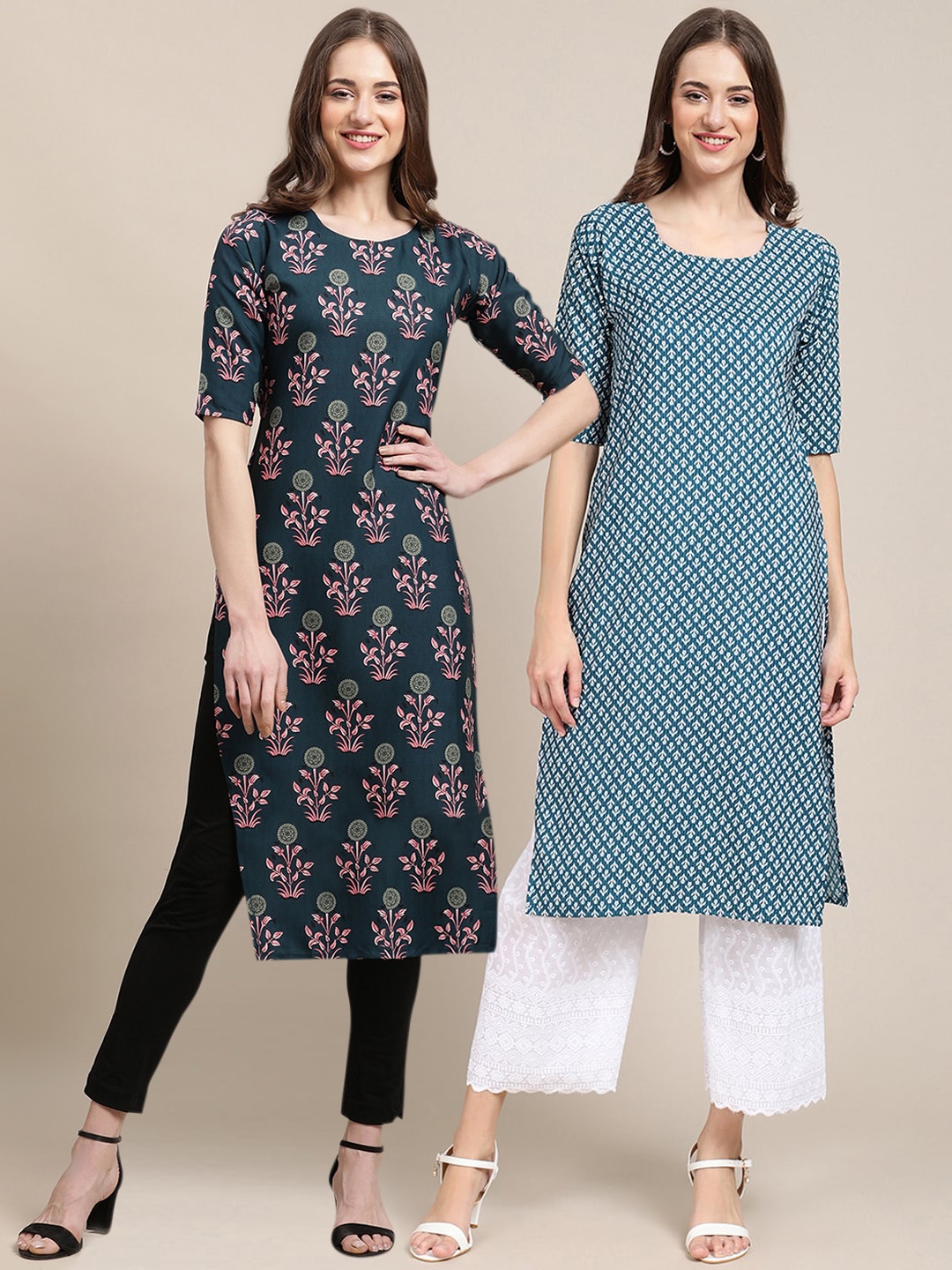 

7Threads Women Pack of 2 Teal & Green Printed Straight Crepe Kurta