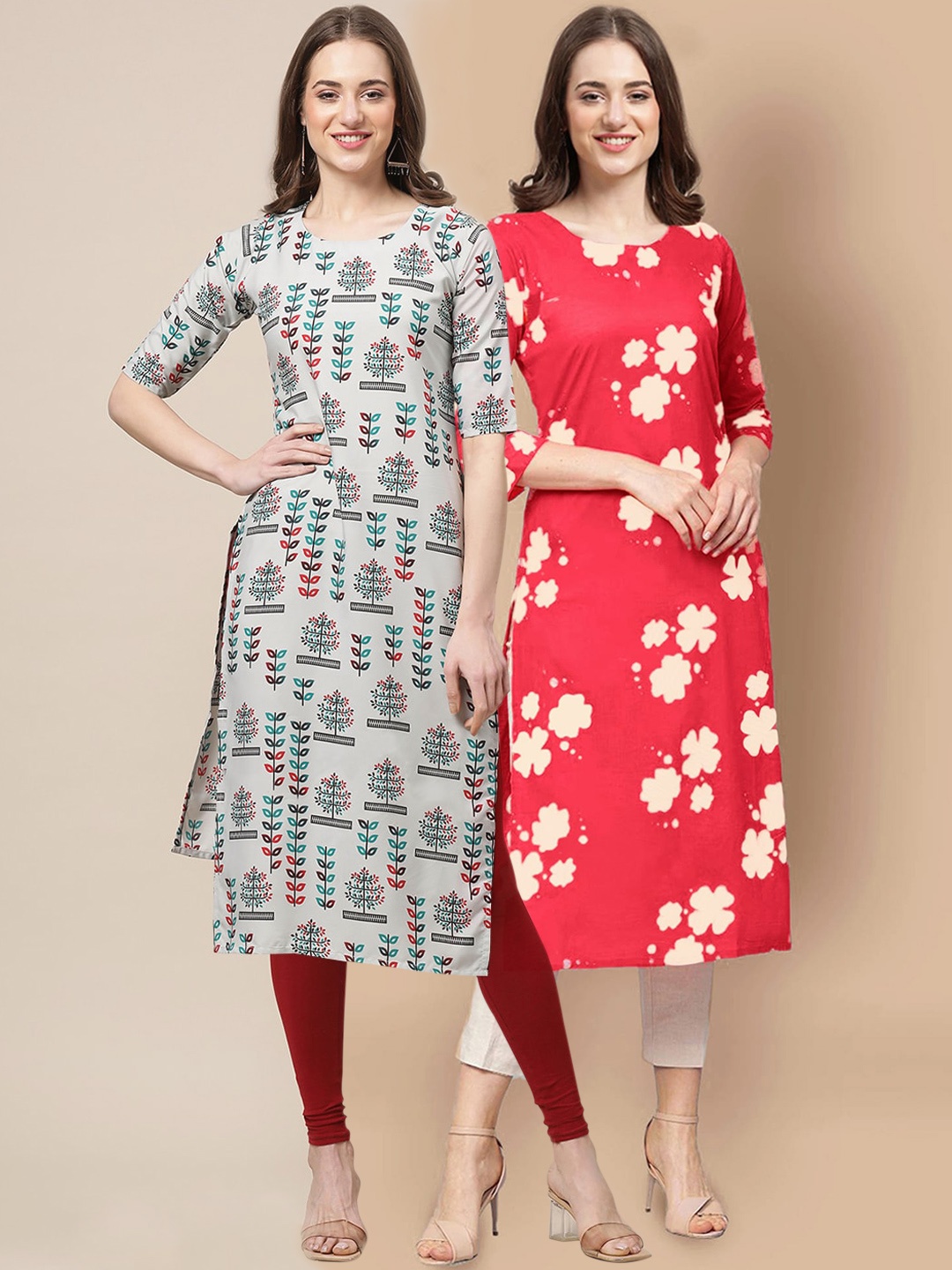 

7Threads Women Pack of 2 Beige & Red Printed Straight Crepe Kurta, Multi