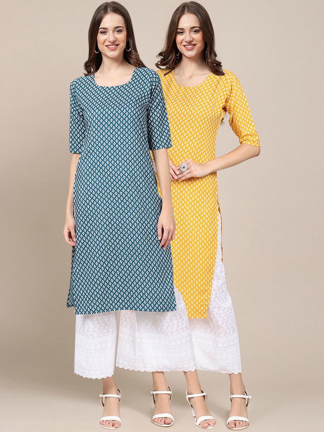 

7Threads Women Pack Of 2 Blue & Yellow Ethnic Motifs Printed Crepe Kurta