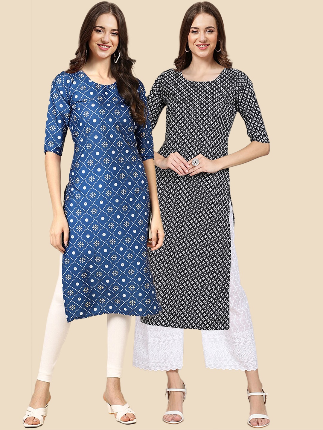 

7Threads Women Pack Of 2 Navy Blue & Black Geometric Printed Crepe Kurta