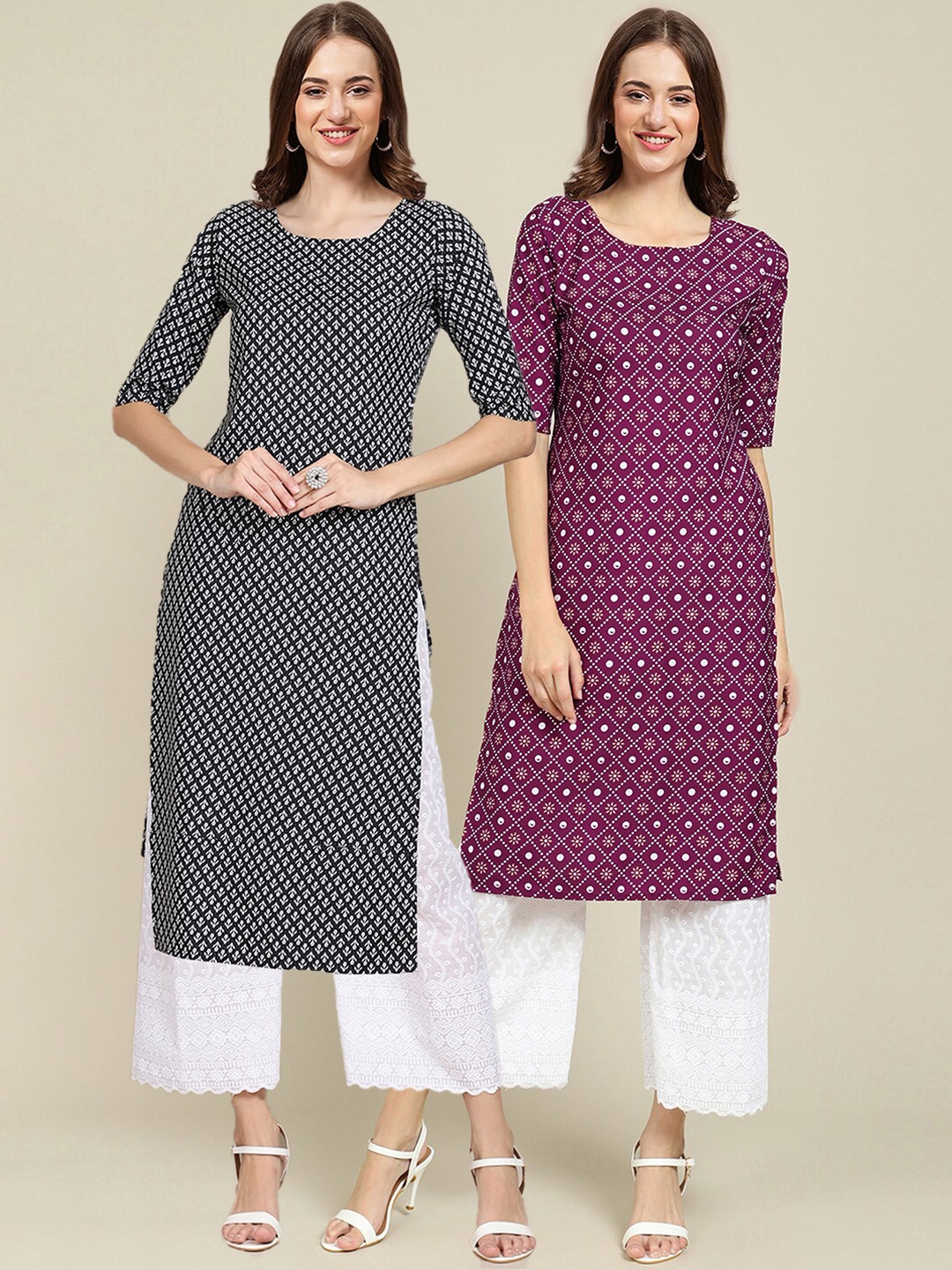 

7Threads Women Pack of 2 Purple & Black Ethnic Motifs Printed Crepe Kurta