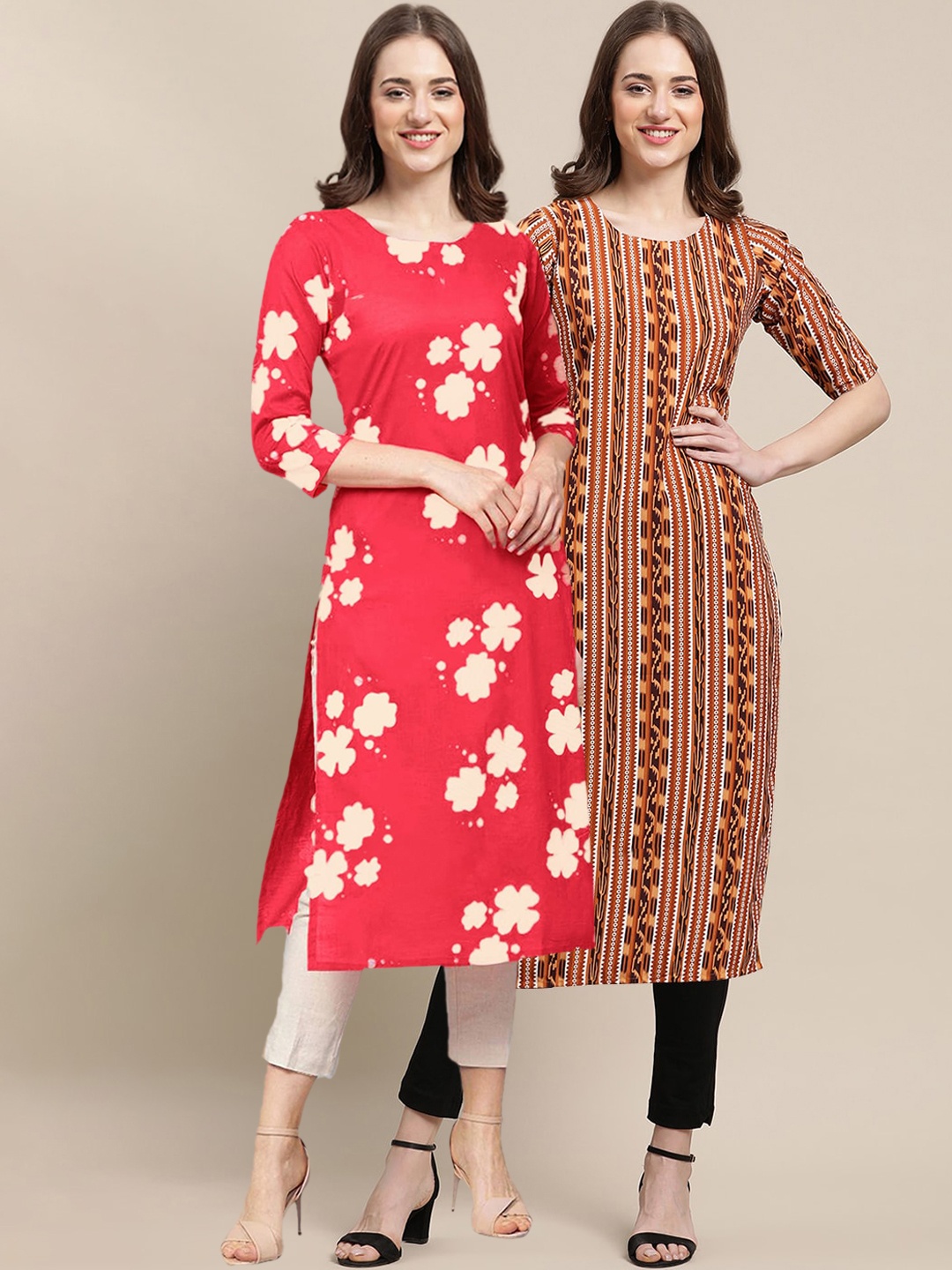 

7Threads Women Multicoloured Floral Embroidered Thread Work Block Print Handloom Crepe Kurta, Multi