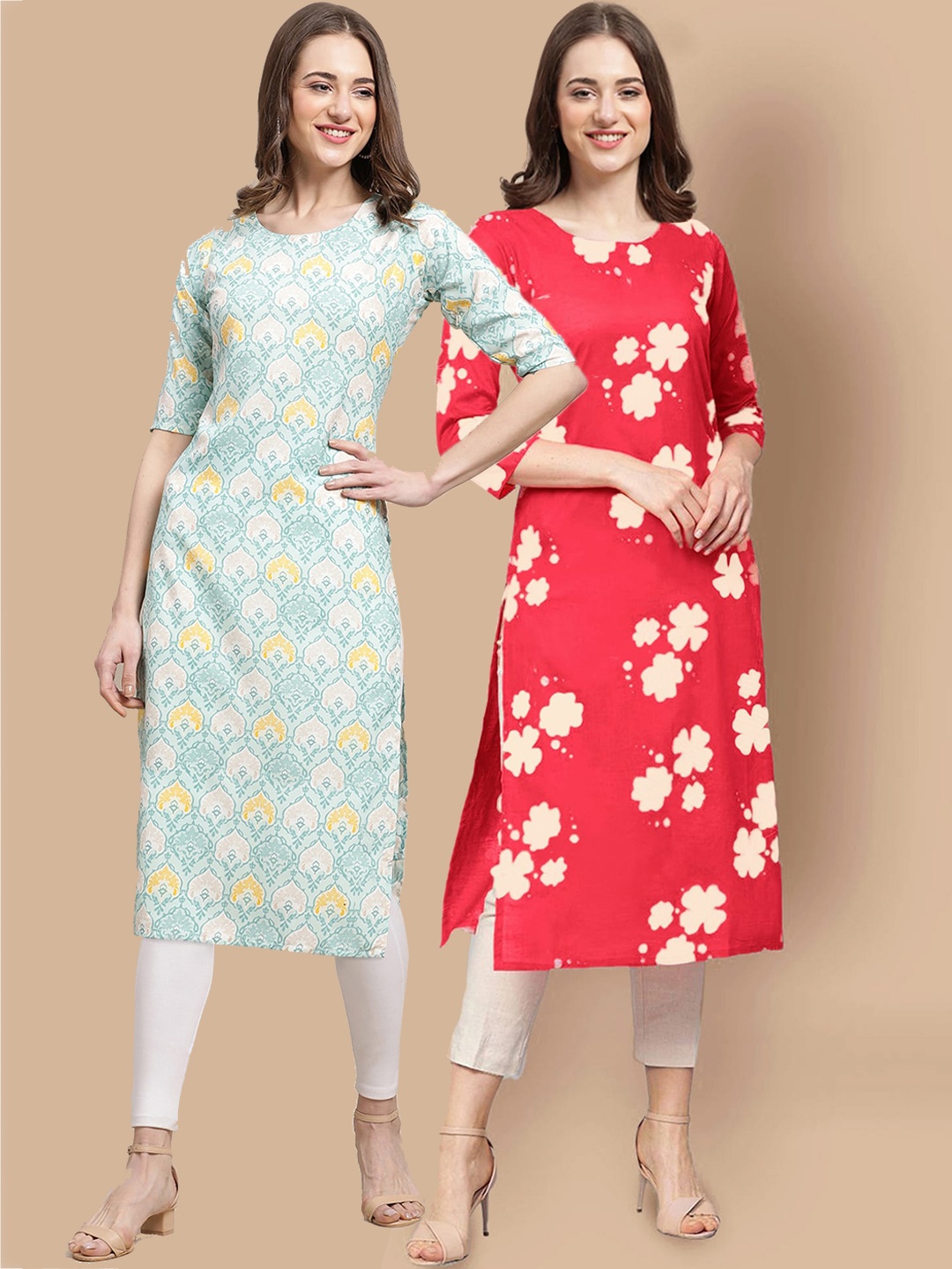 

7Threads Women Pack of 2 Blue & Red Floral Printed Block Print Handloom Crepe Kurta