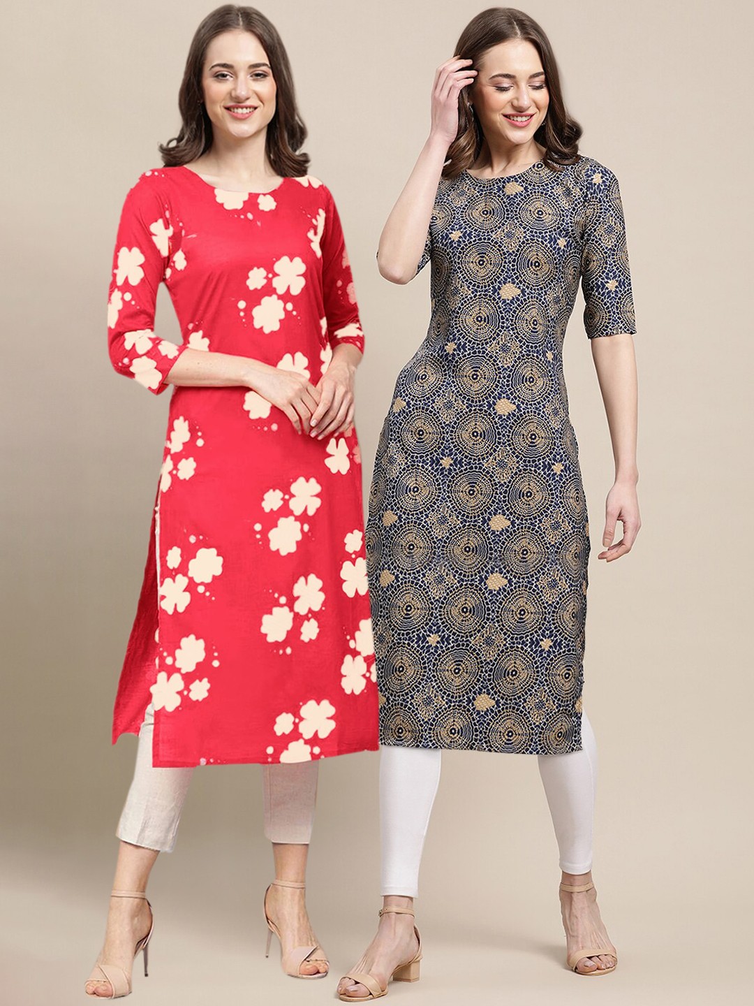 

7Threads Women Pack of 2 Red & Grey Floral Printed Block Print Handloom Crepe Kurta