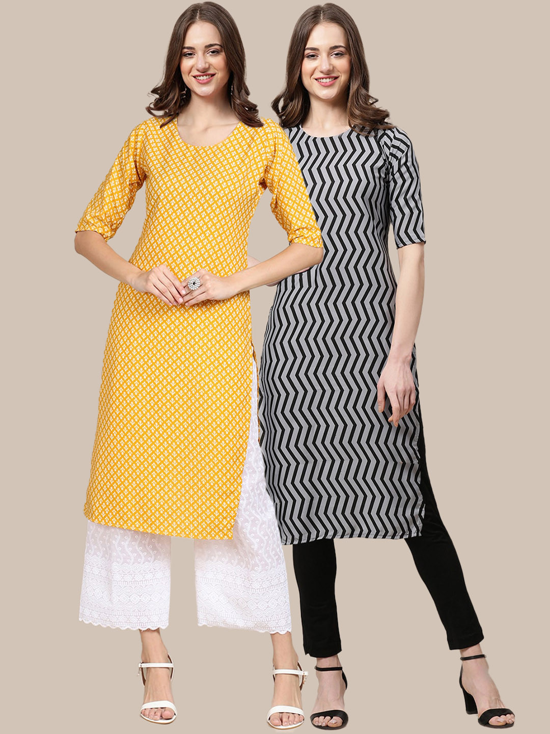 

7Threads Women Pack Of 2 Yellow & Grey Ethnic Motifs Printed Crepe Kurta