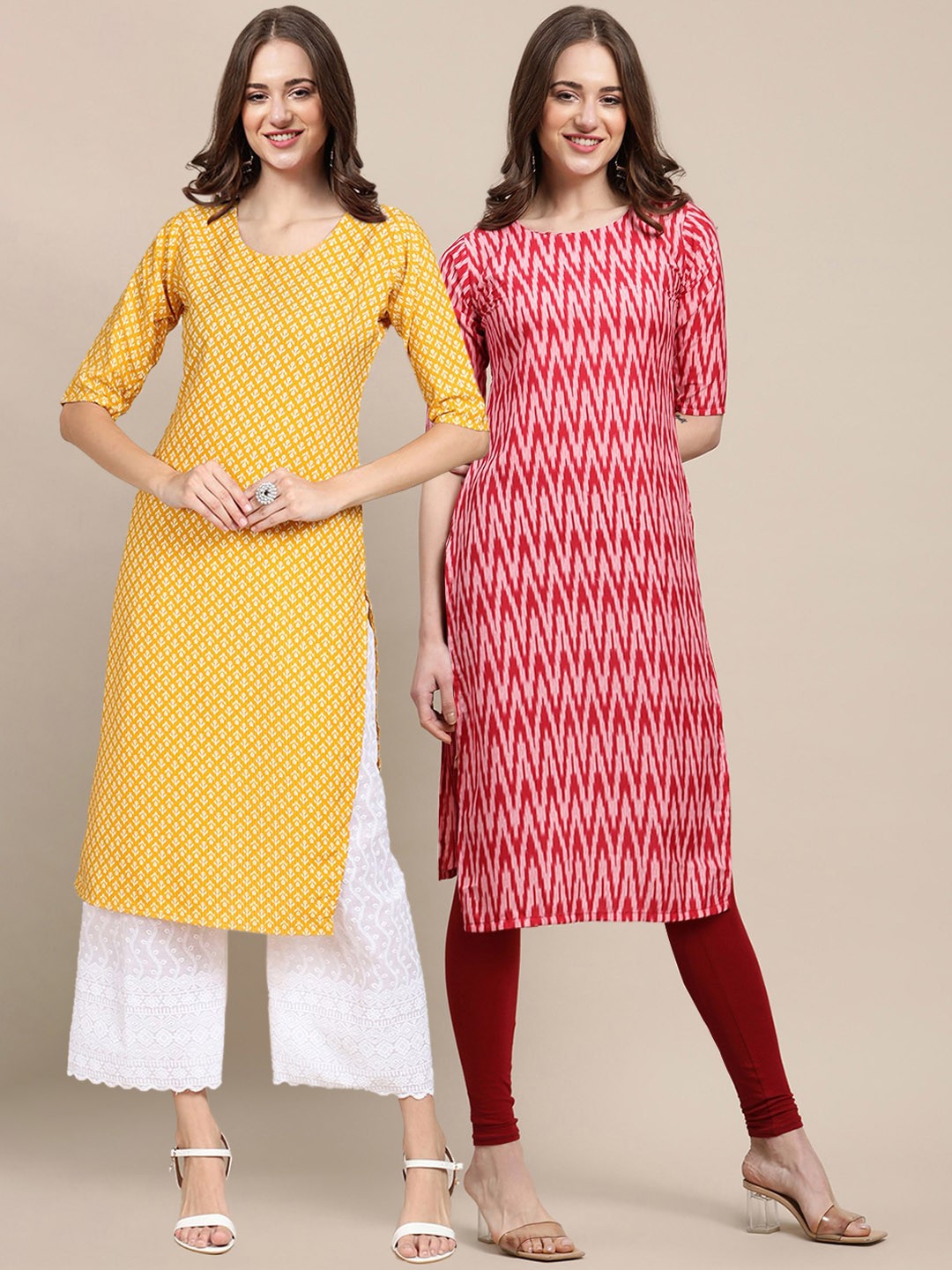 

7Threads Women Pack of 2 Yellow & Pink Ethnic Motifs Printed Crepe Kurta