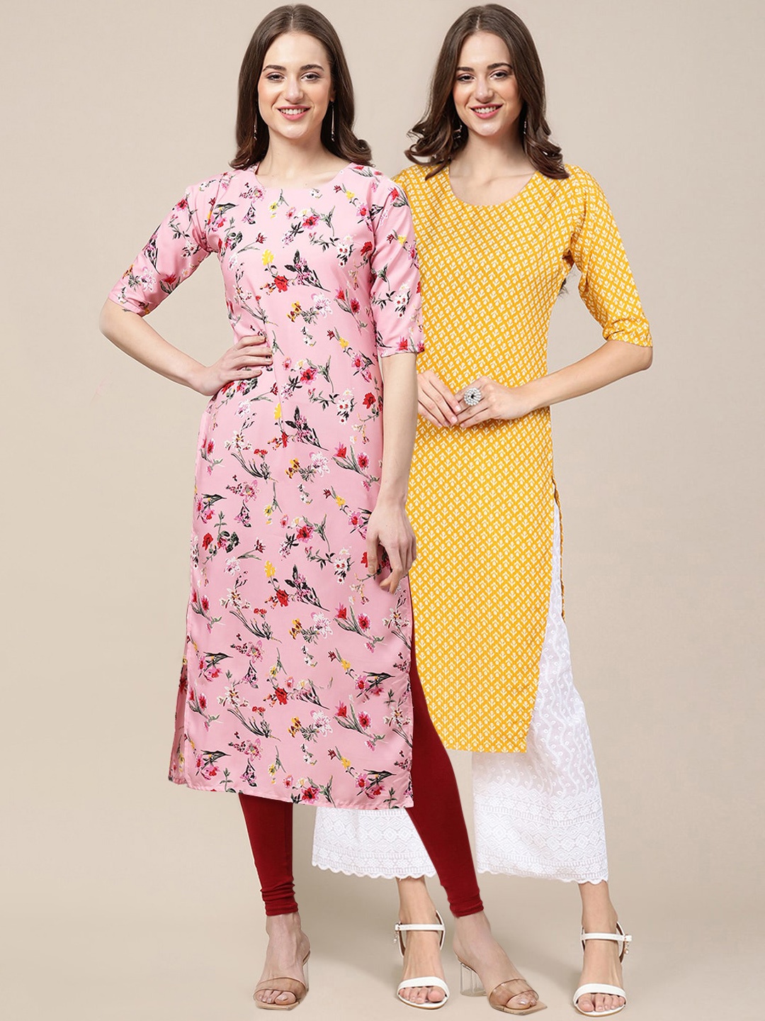 

7Threads Women Pack of 2 Pink & Yellow Ethnic Motifs Printed Crepe Kurta