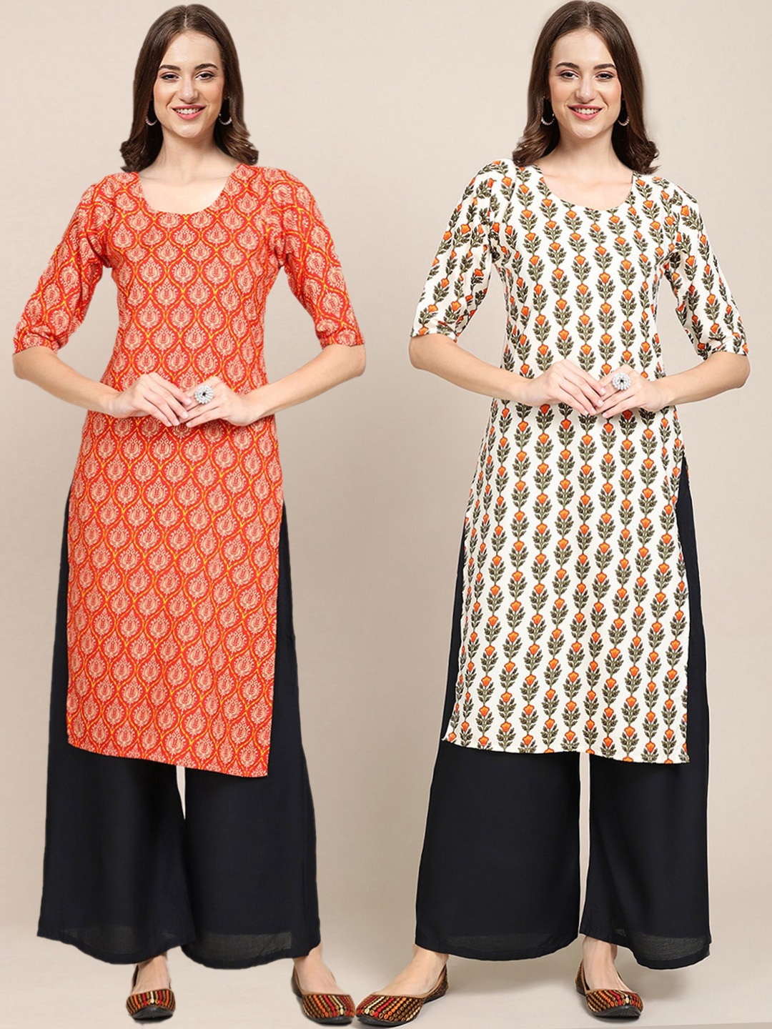 

7Threads Women Pack Of 2 Ethnic Motifs Printed Crepe Kurta, Orange