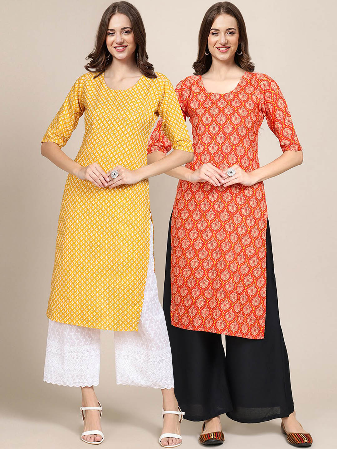

7Threads Women Pack of 2 Yellow & Orange Ethnic Motifs Printed Handloom Crepe Kurta