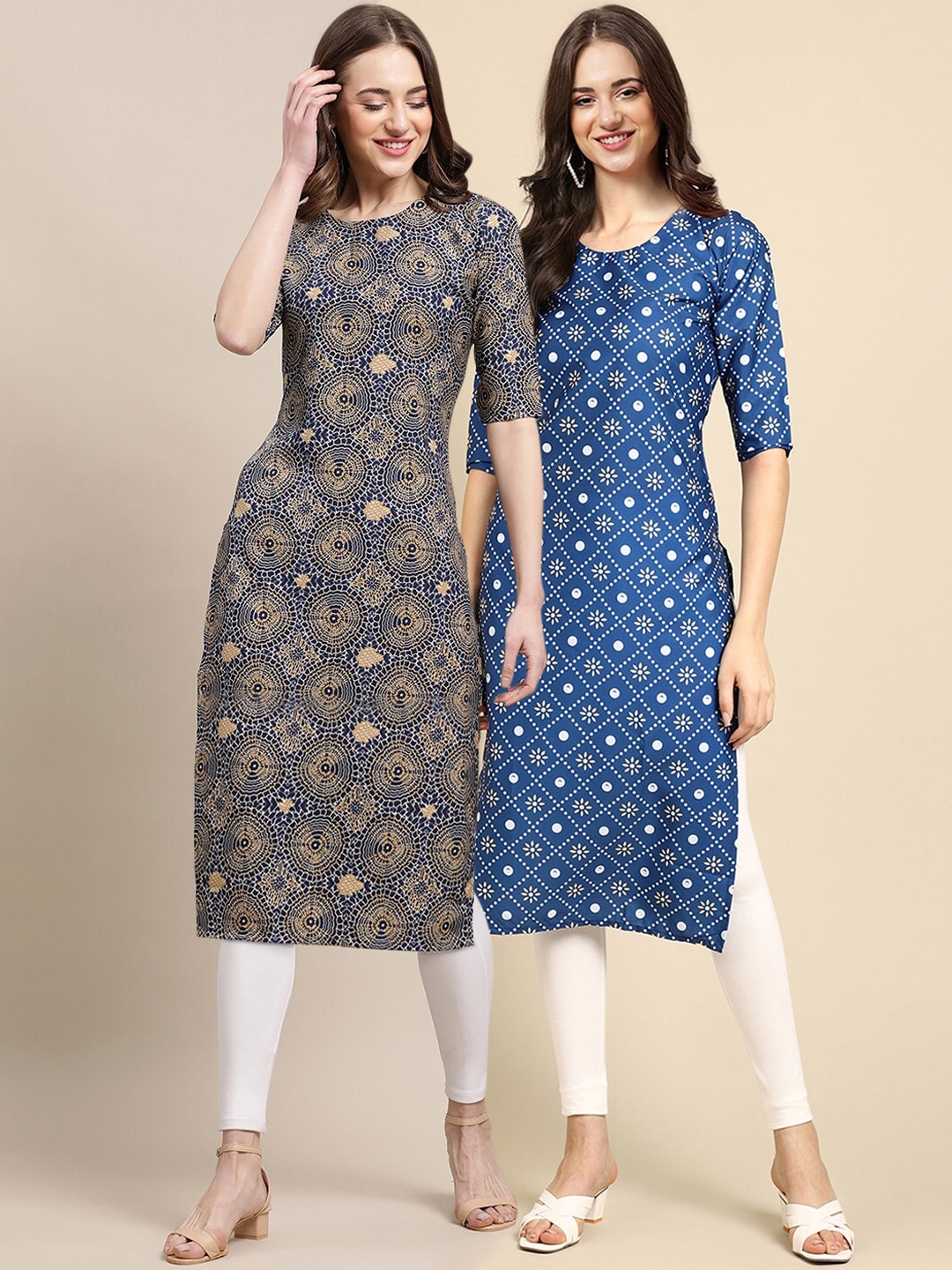 

7Threads Women Pack of 2 Blue & Beige Geometric Printed Summer Sheers Crepe Kurta