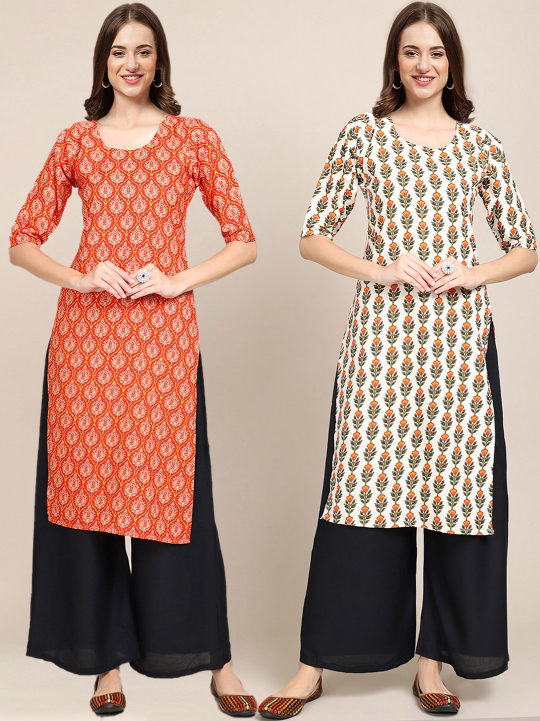 

7Threads Women Pack Of 2 Orange & Cream-Coloured Printed Handloom Crepe Kurta