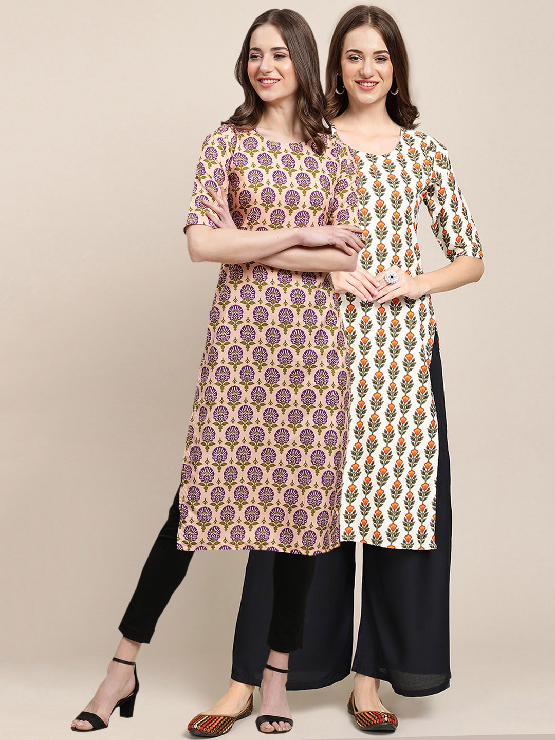 

7Threads Women Pack Of 2 Brown & Beige Ethnic Motifs Printed Crepe Kurta