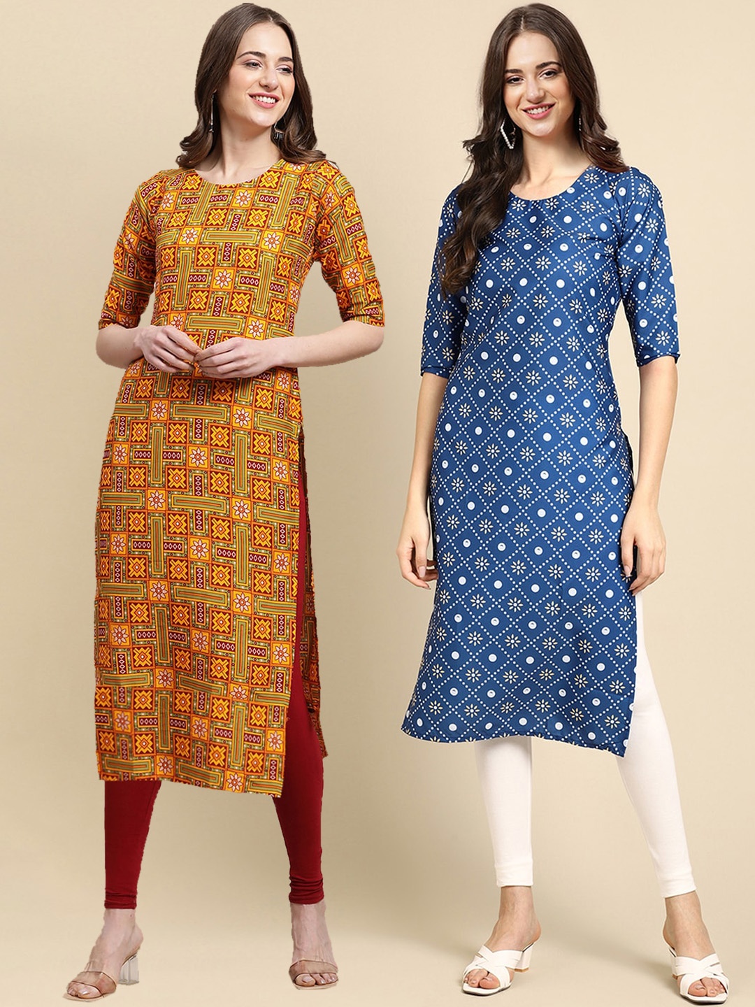 

7Threads Women Set Of 2 Mustard Yellow & Blue Ethnic Motifs Printed Crepe Kurta