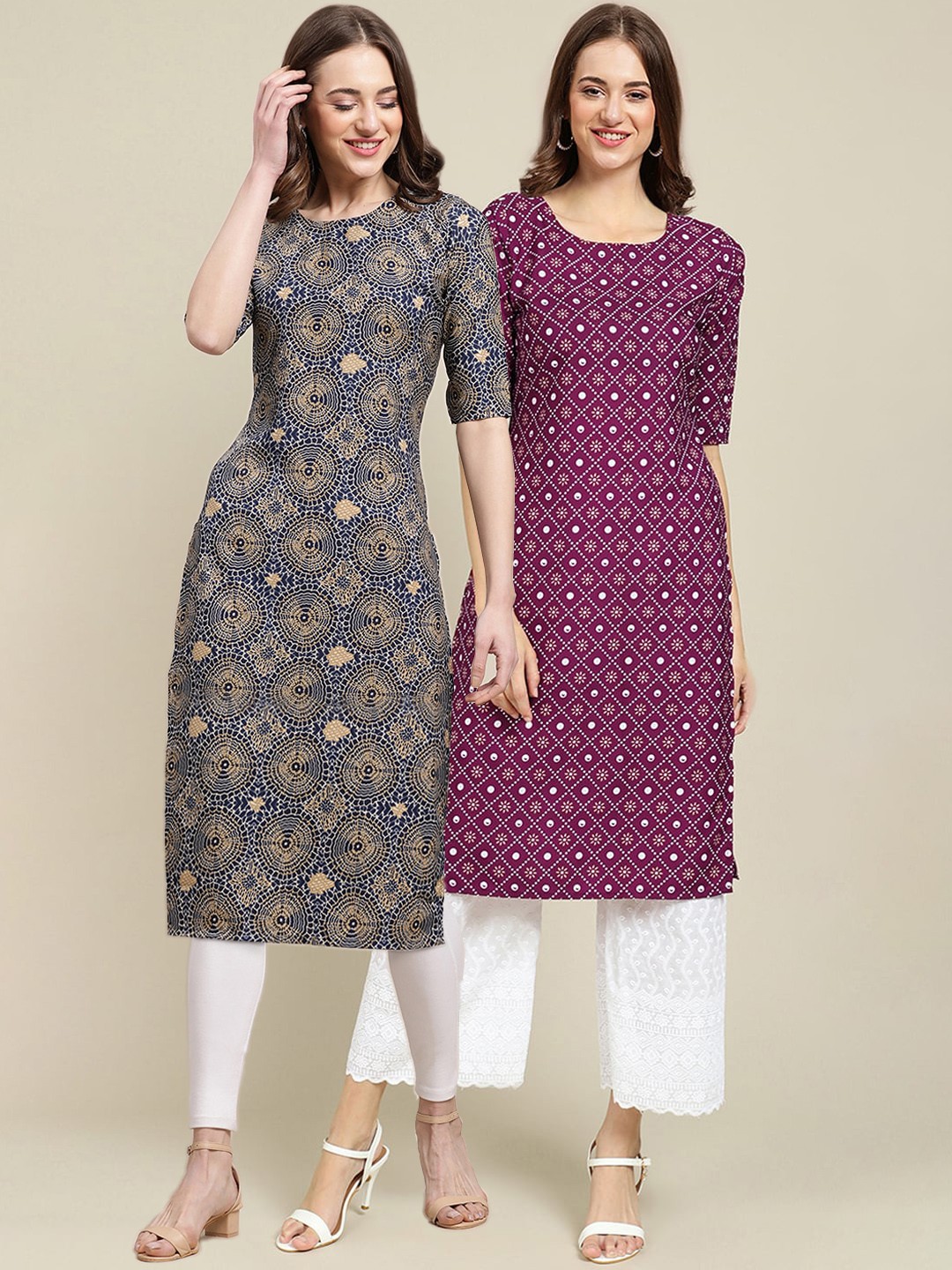 

7Threads Women Set Of 2 Blue & Violet Floral Printed Crepe Kurta