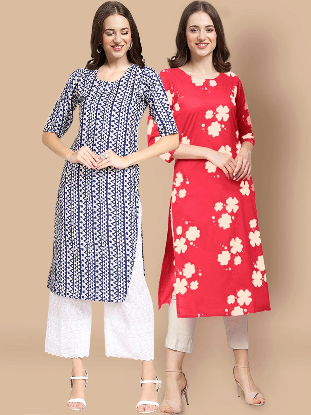 

7Threads Women Pack of 2 White & Red Printed Handloom Crepe Kurta