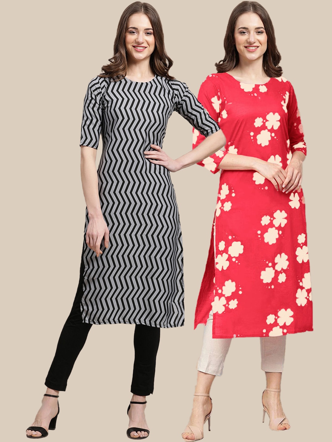 

7Threads Women Multicoloured Pack Of 2 Floral Printed Block Print Crepe Kurta, Multi