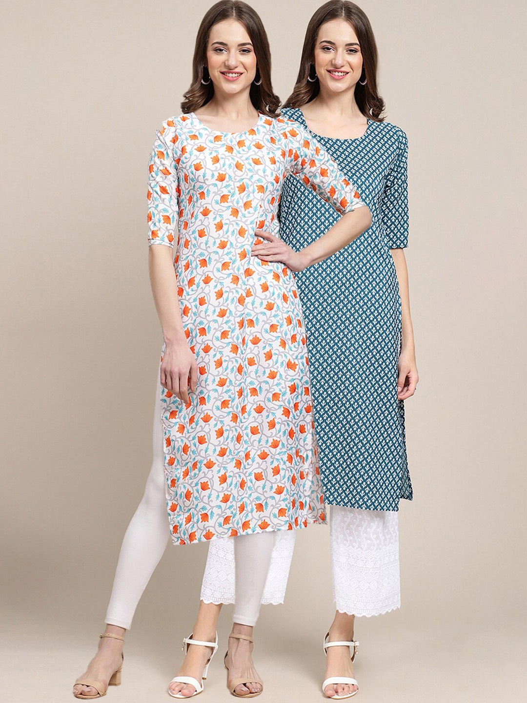 

7Threads Women Multicoloured Pack Of 2 Floral Printed Block Print Crepe Kurta, Multi
