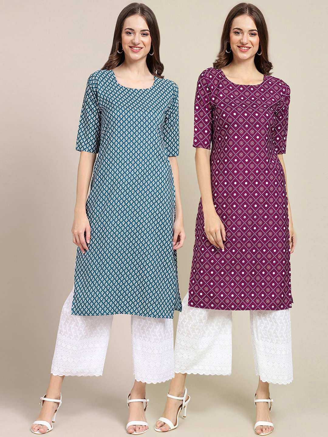 

7Threads Women Pack of 2 Blue & Purple Geometric Striped Block Print Crepe Kurtas