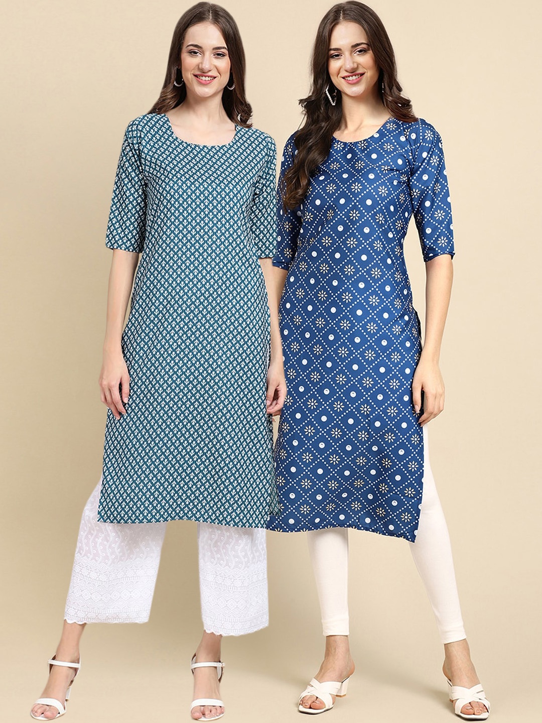 

7Threads Women Pack Of 2 Geometric Summer Sheers Crepe Kurta, Blue