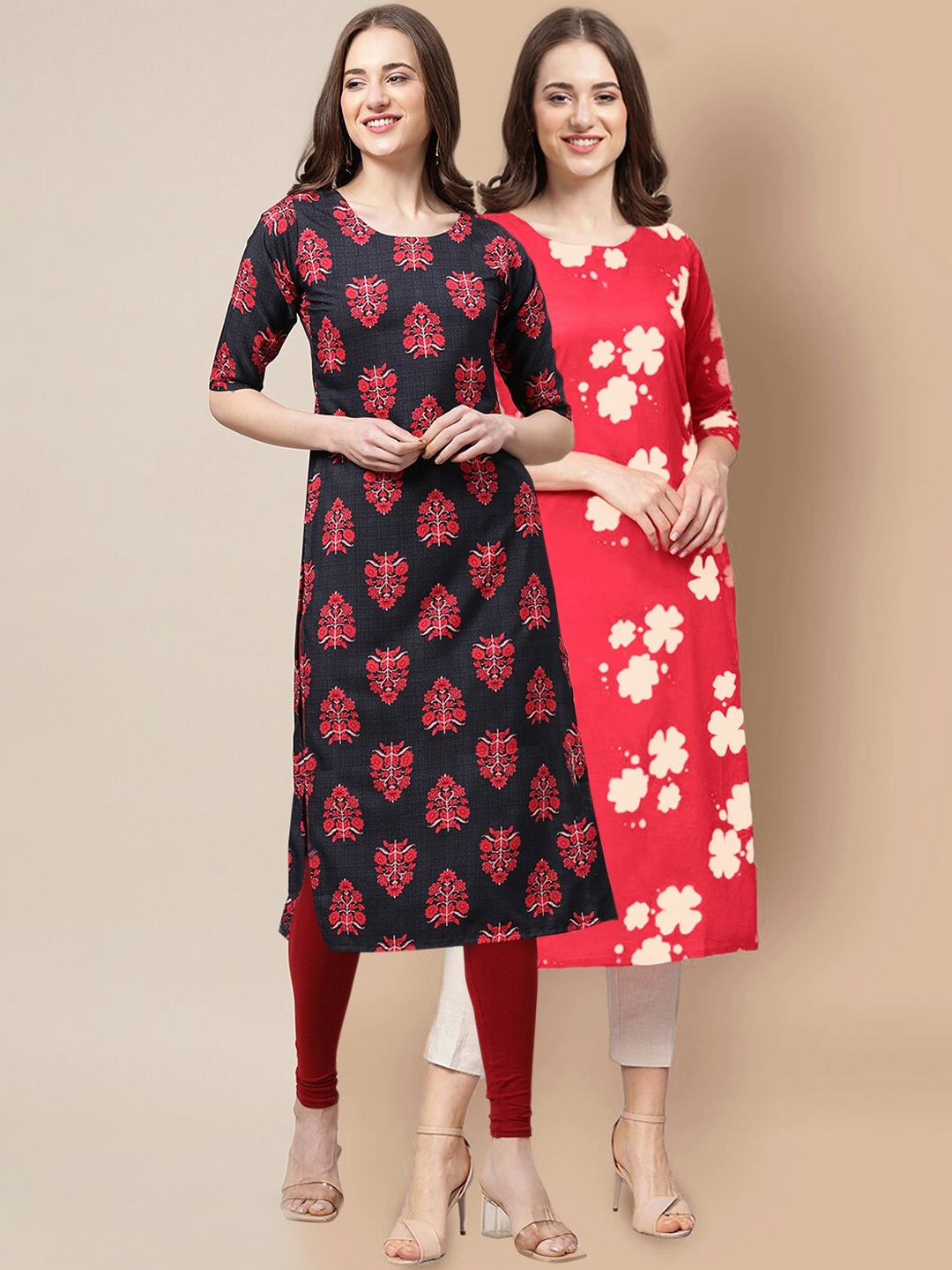 7Threads Women Pack Of 2 Floral Summer Sheers Crepe Kurta, Red