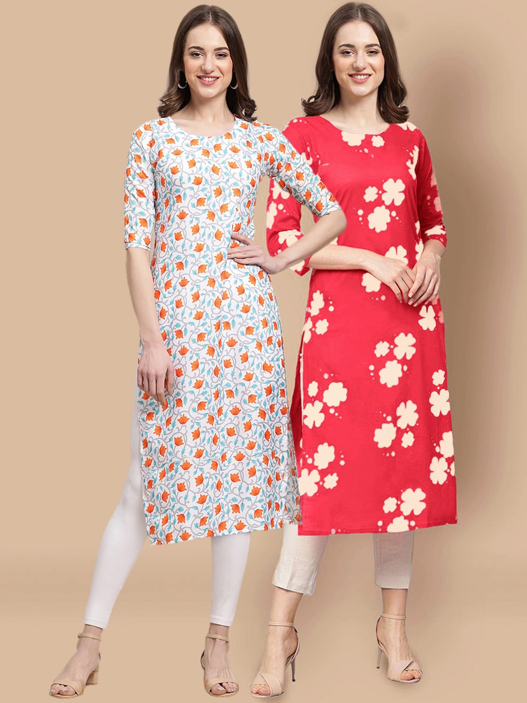 

7Threads Women Pack Of 2 Floral Summer Sheers Crepe Kurta, Red
