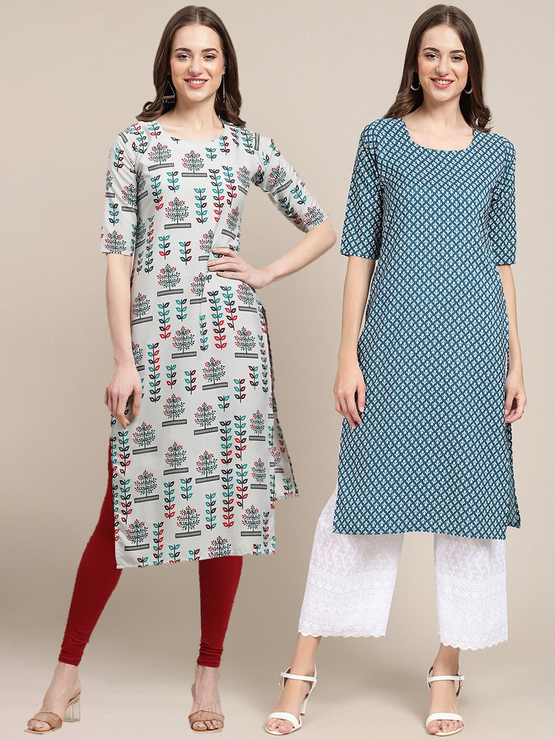 

7Threads Women Pack Of 2 Blue & Grey Geometric Printed Block Print Crepe Kurtas