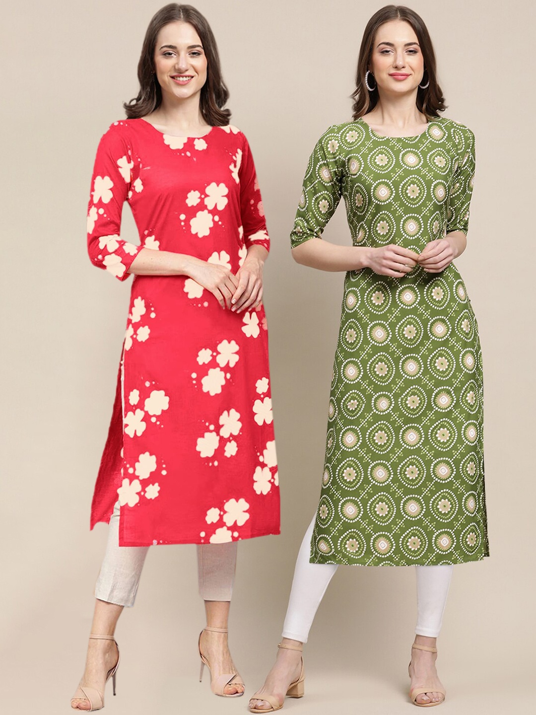 7Threads Women Pack Of 2 Pink & Green Ethnic Motifs Printed Crepe Kurta