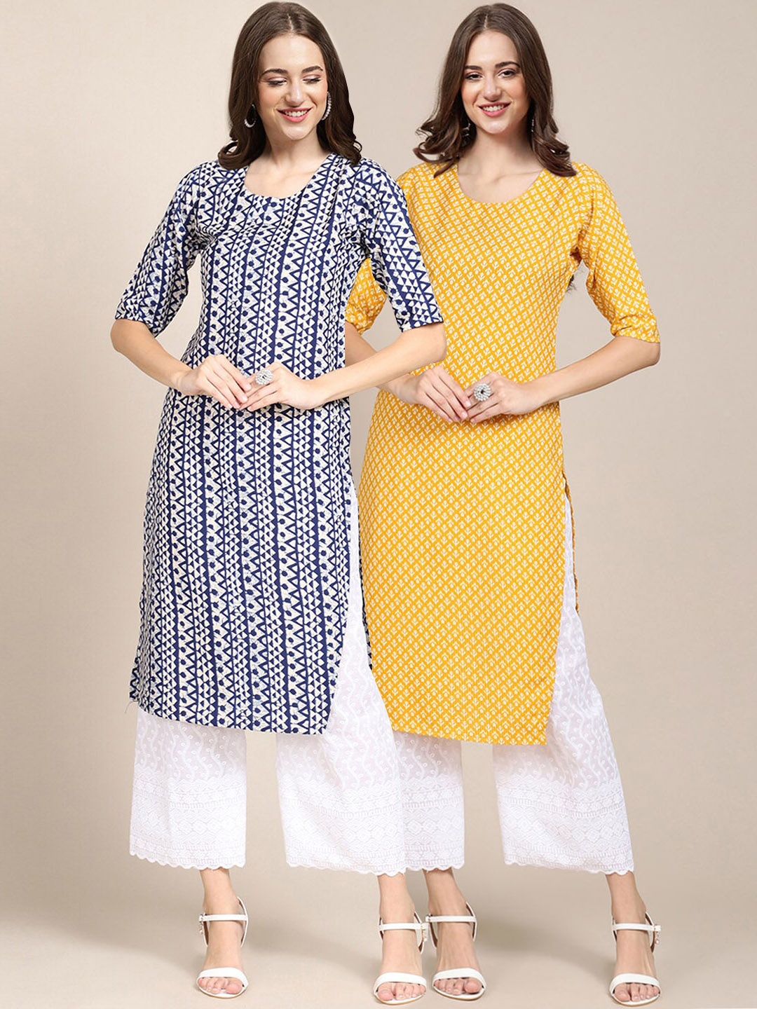 

7Threads Women Pack of 2 White & Blue Ethnic Motifs Printed Block Print Crepe Kurtas