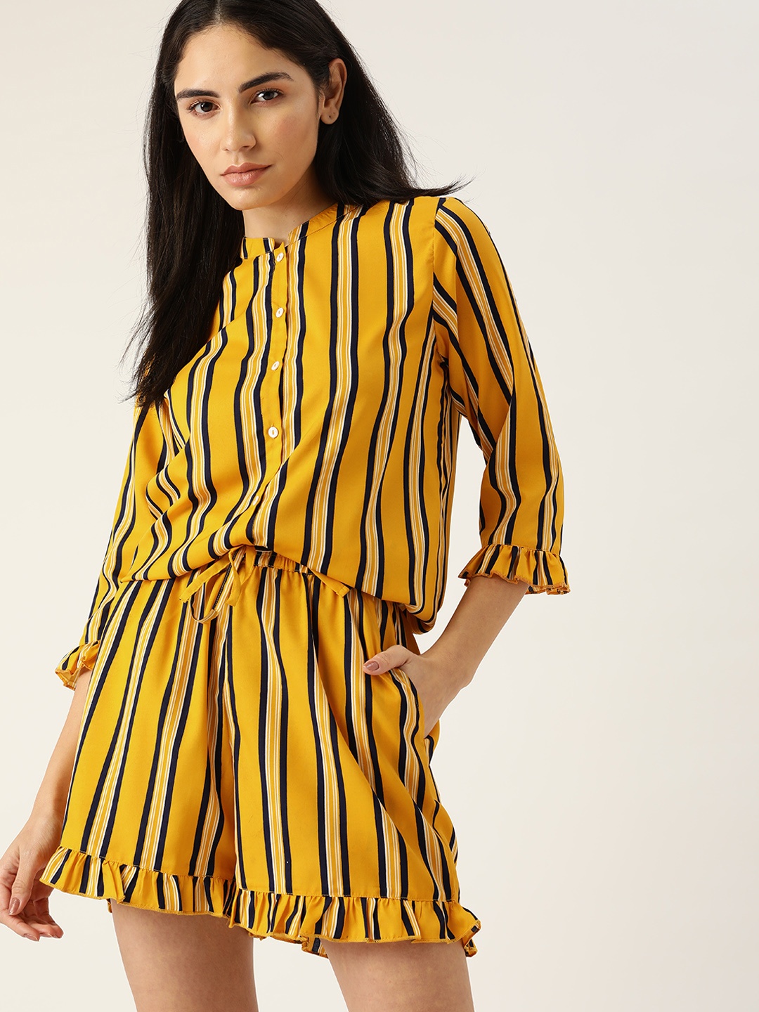 

ETC Women Yellow & Navy Blue Striped Night suit