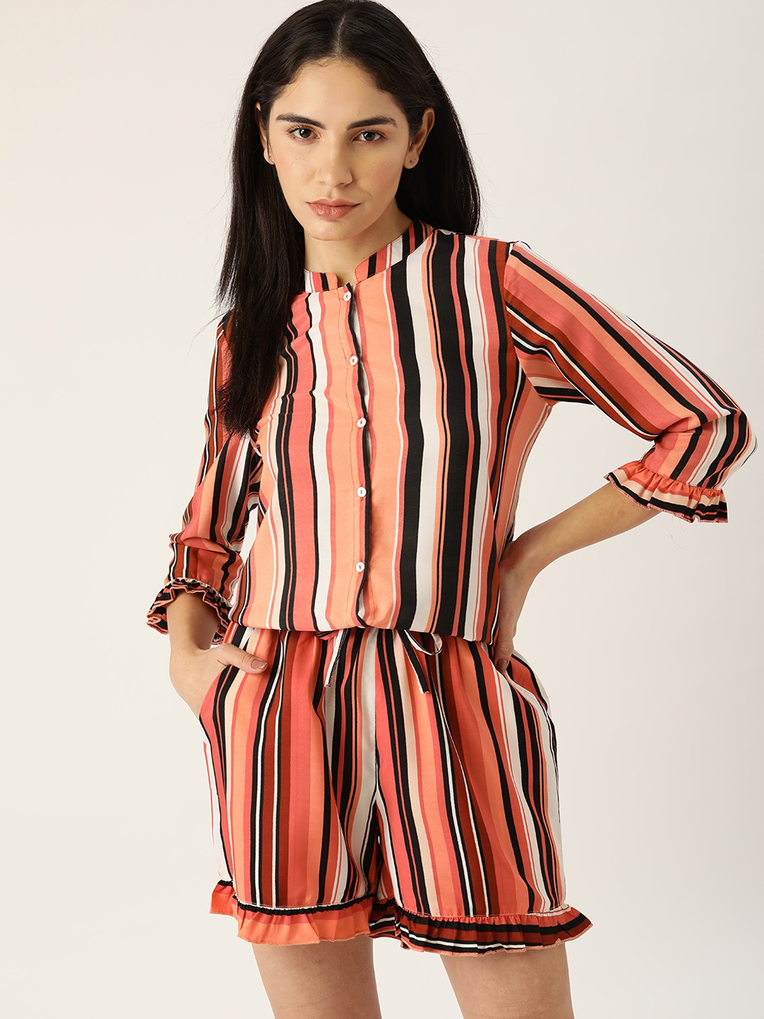 

ETC Women Peach-Coloured & Black Striped Night suit