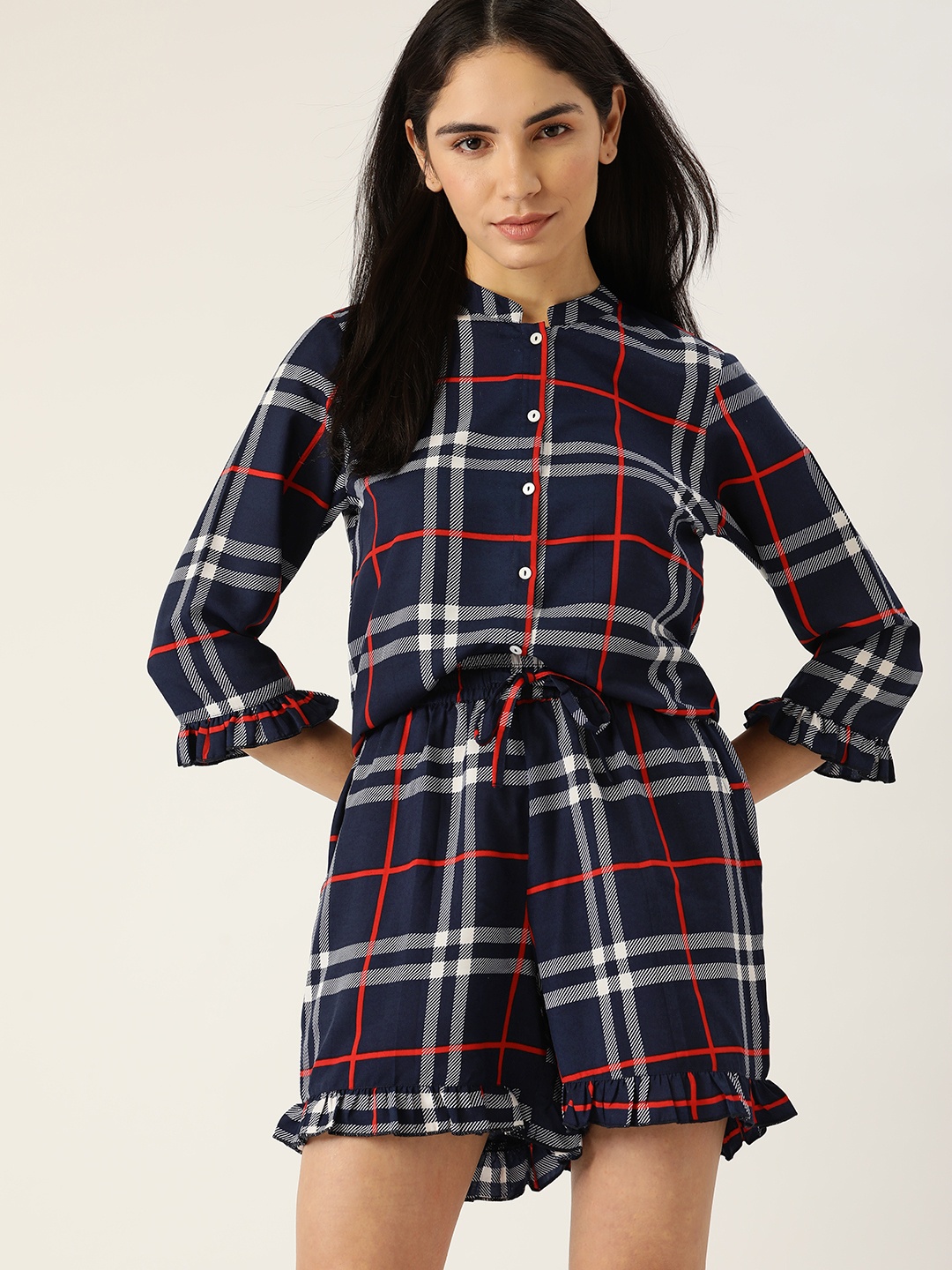 

ETC Women Navy Blue & Red Checked Night suit