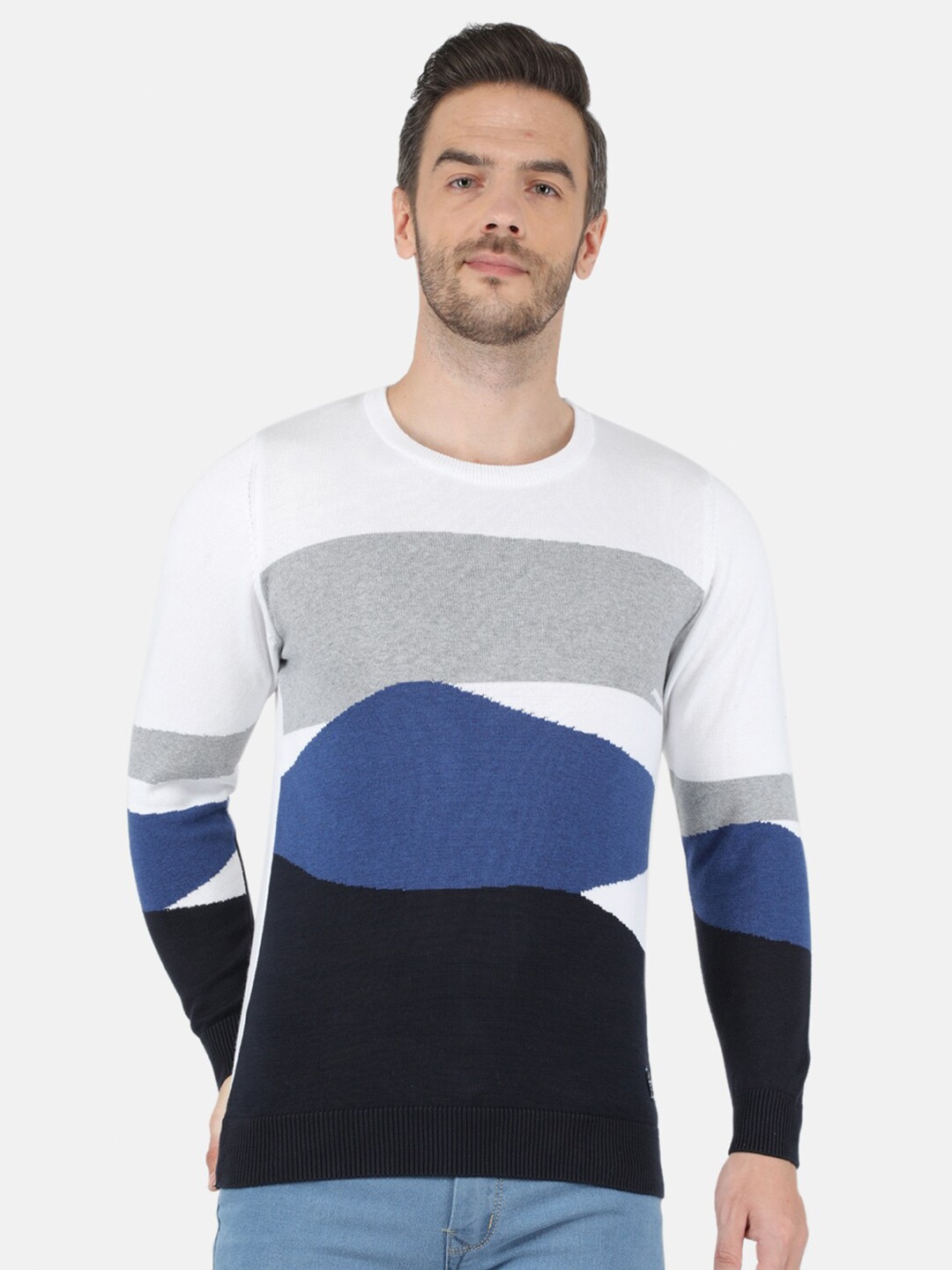 

Monte Carlo Men Navy Blue & White Colourblocked Pullover