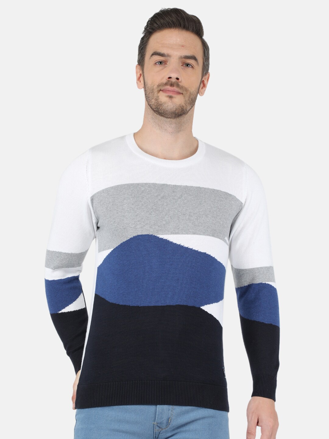 

Monte Carlo Men Navy Blue & White Colourblocked Cotton Round Neck Pullover
