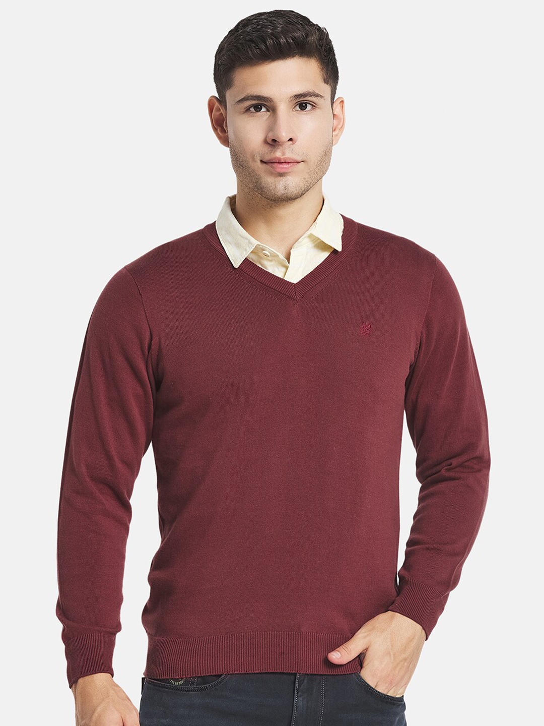 

Monte Carlo Men Maroon Solid V Neck Pullover